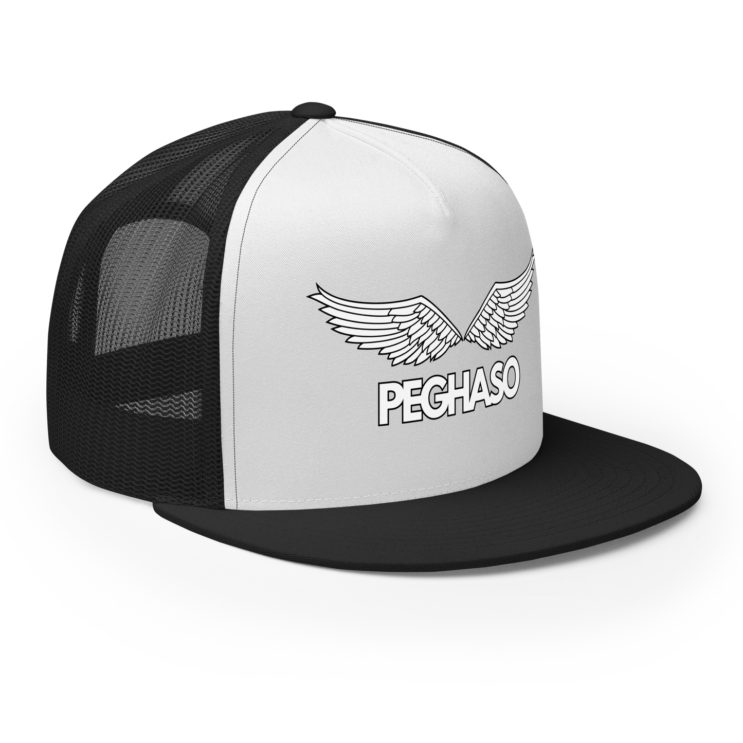 Gorra trucker PEGHASO® BE FREE blanca y negra con diseño de alas extendidas, visera plana y cierre snapback.