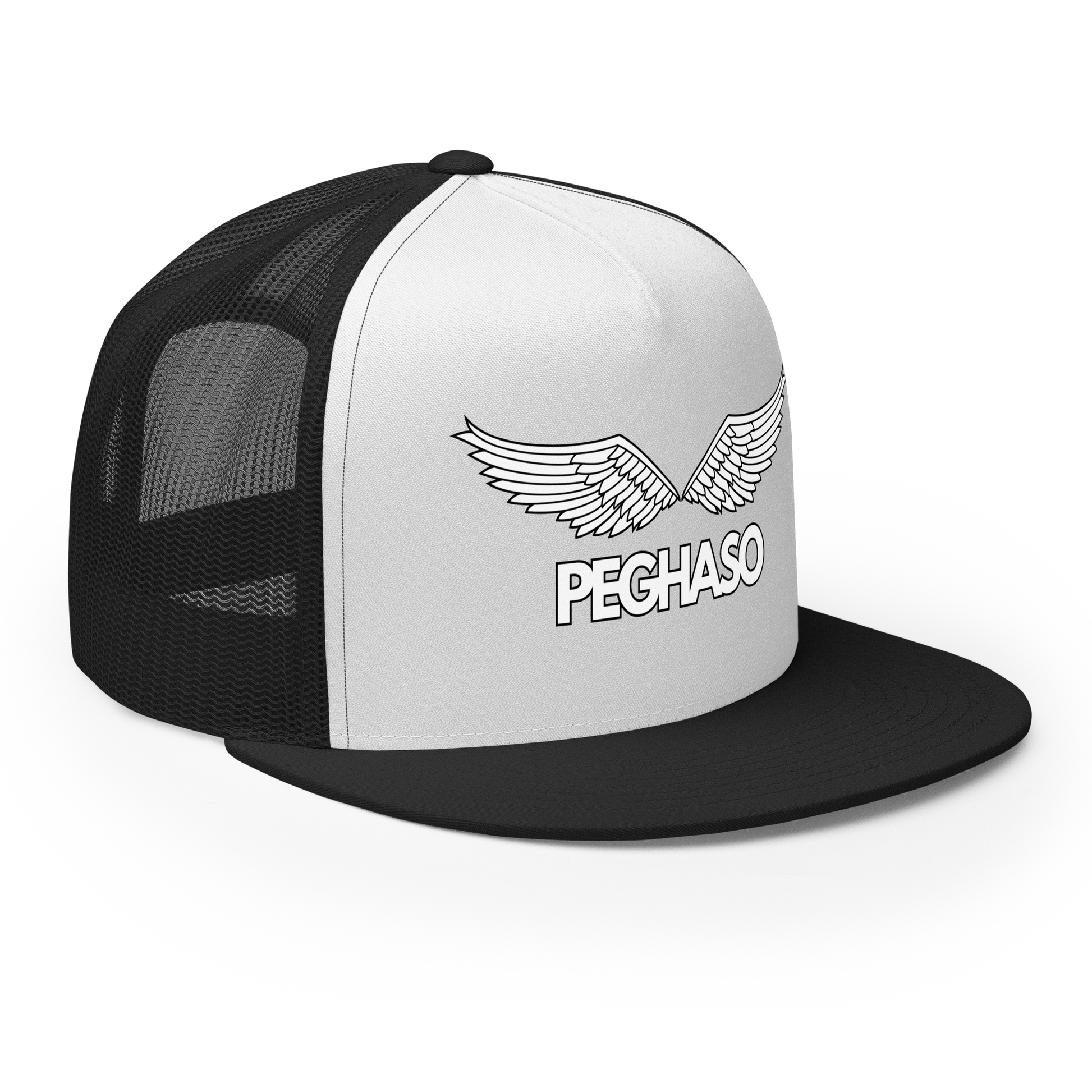 Gorra trucker PEGHASO® BE FREE blanca y negra con diseño de alas extendidas, visera plana y cierre snapback.