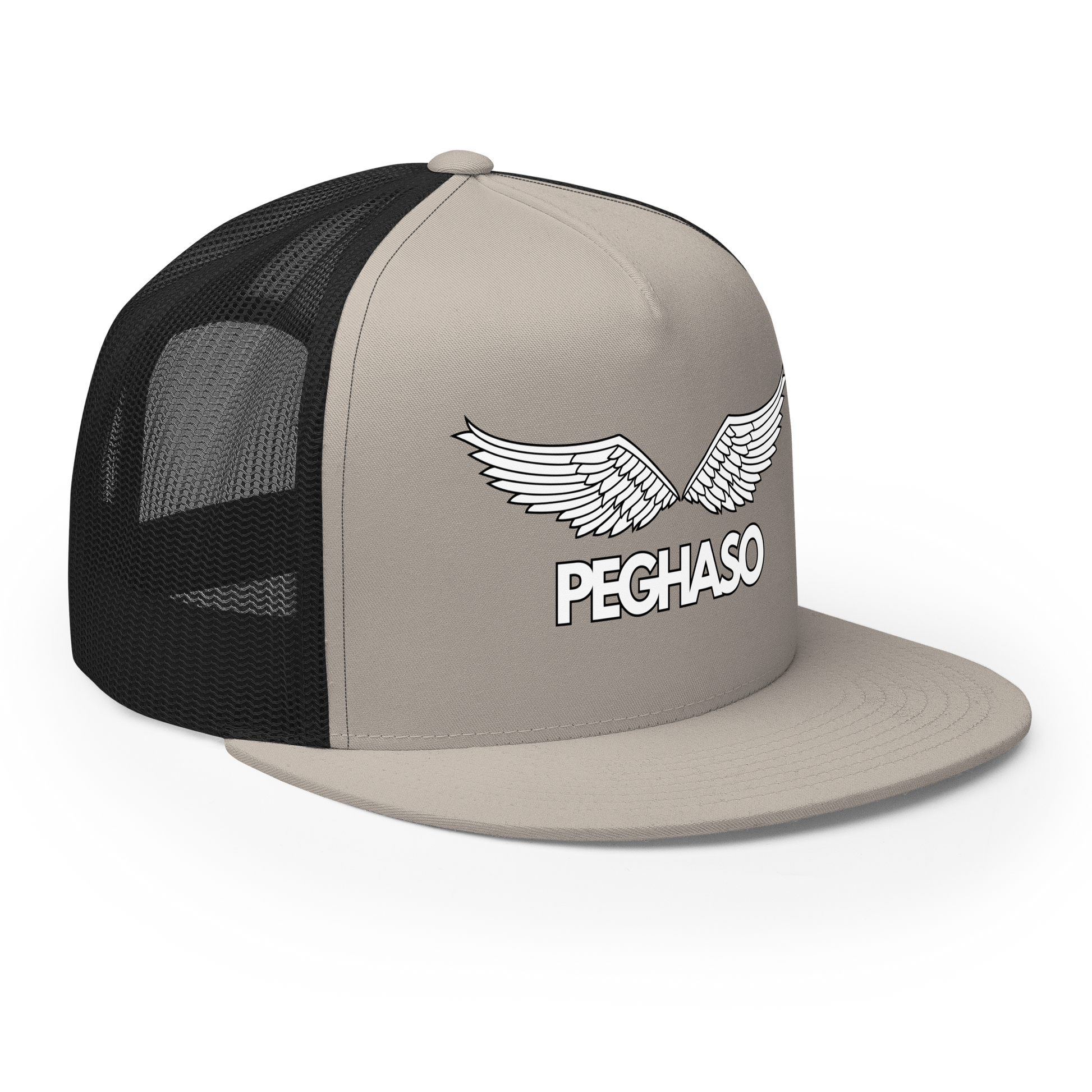 Gorra trucker PEGHASO® BE FREE negra con diseño de alas extendidas, visera plana y cierre snapback.