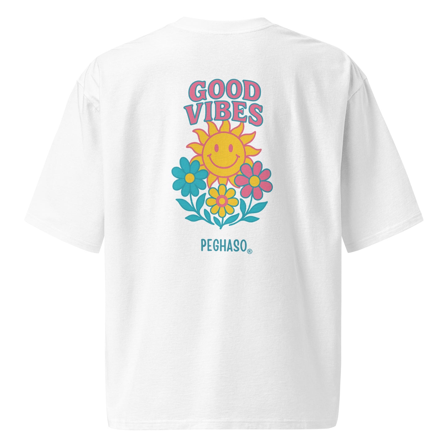 camiseta oversize unisex "Good Vibes" blanca con estampado de sol y flores