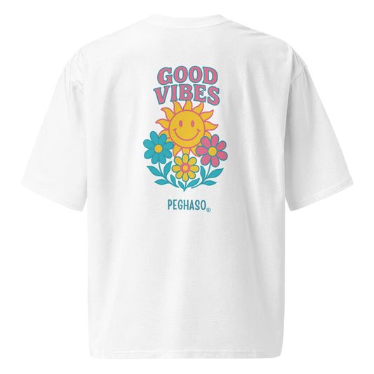 camiseta oversize unisex "Good Vibes" blanca con estampado de sol y flores