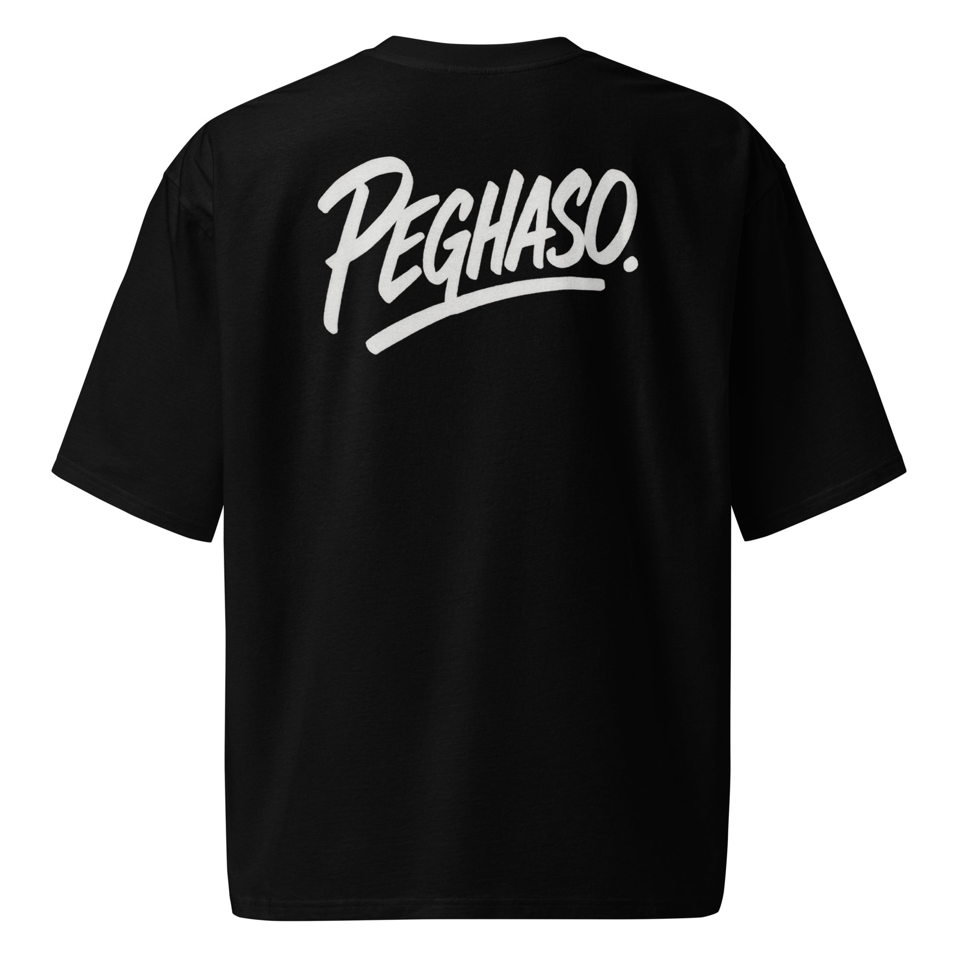 Camiseta Oversize PEGHASO® BLACK CORE negra, vista trasera con logo PEGHASO blanco grande