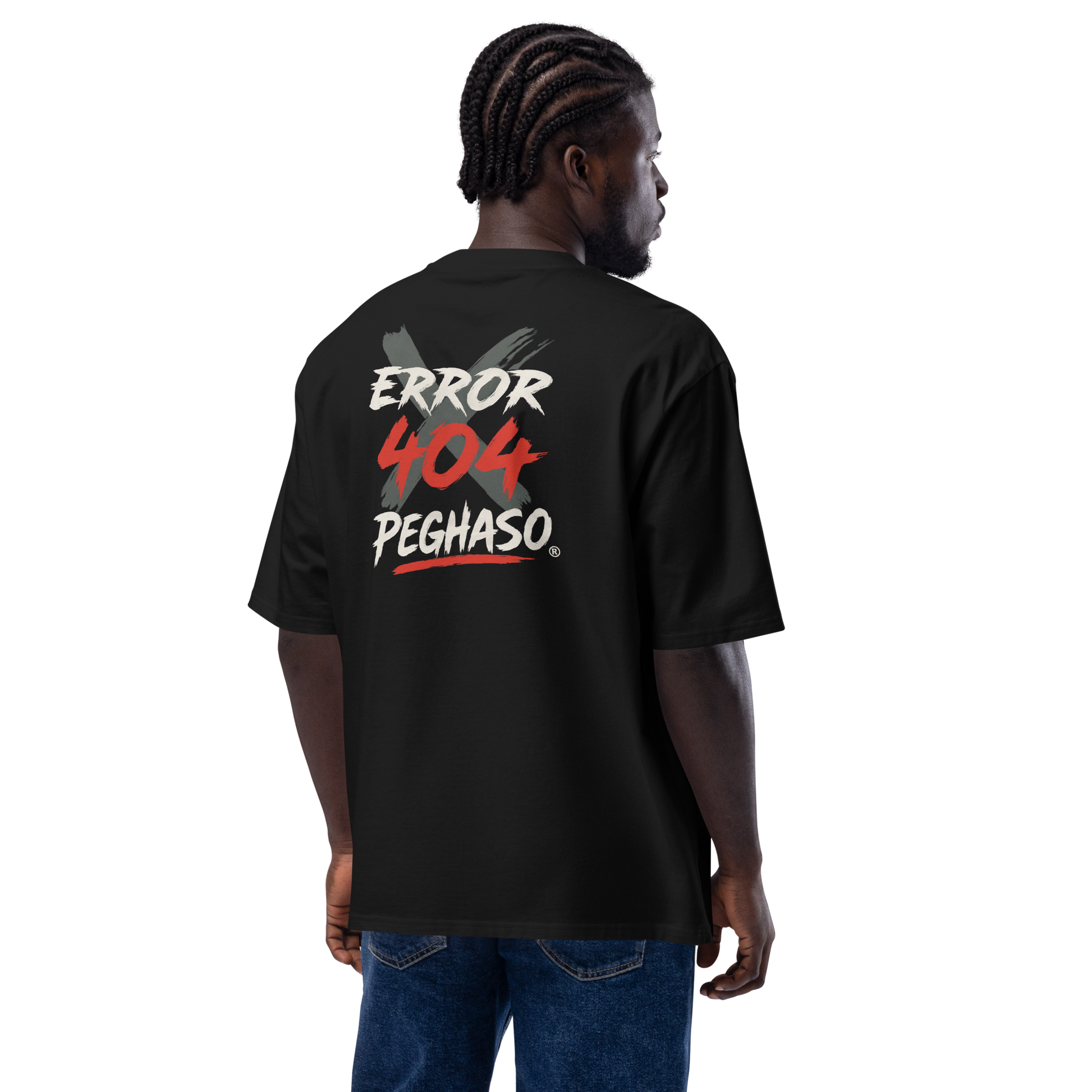 modelo hombre vistiendo camiseta ancha "ERROR 404" de algodón streetwear