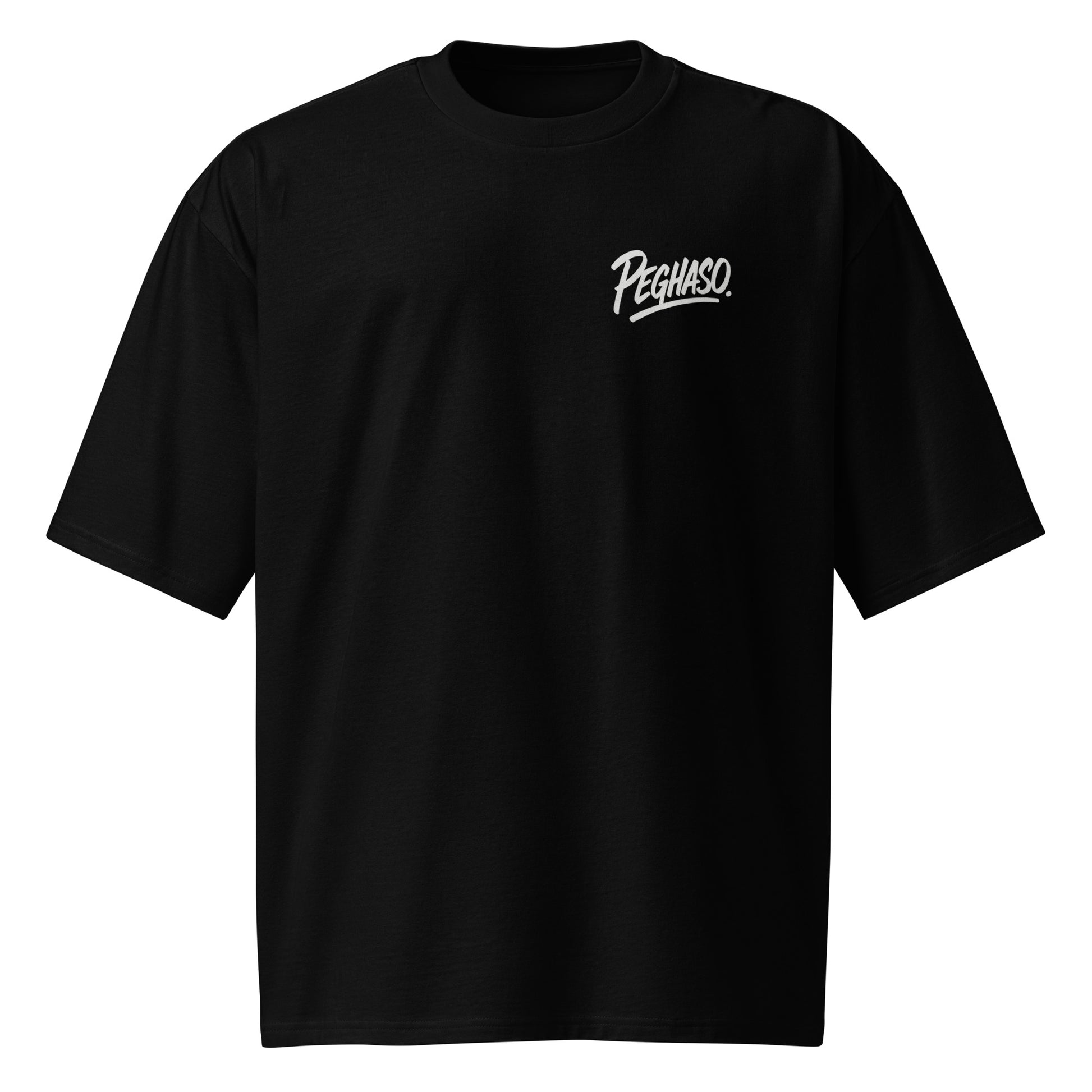 Camiseta Oversize BLACK CORE PEGHASO® negra, unisex, estilo minimalista con logo pequeño