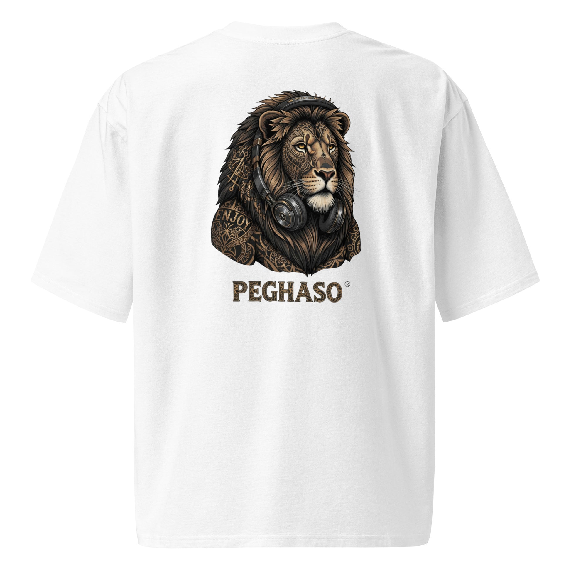 Camiseta oversize de lujo PEGHASO® "Lion's dj" color blanco, con logo de león con auriculares en el pecho y espalda. Lion Power.