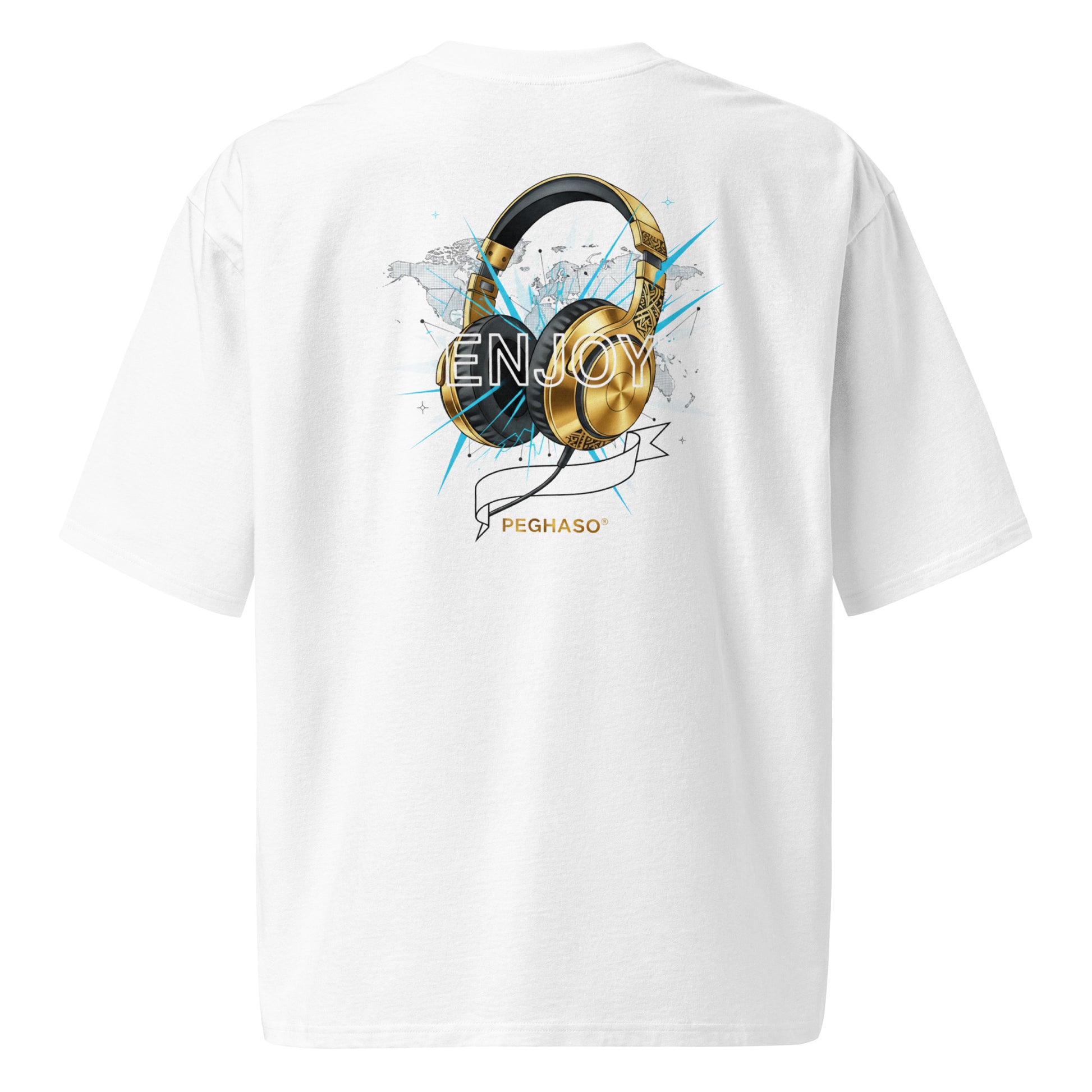 Espalda de la camiseta oversize PEGHASO® "Enjoy Dj" en color blanco, con estampado grande de auriculares dorados sobre un mapa del mundo estilizado.