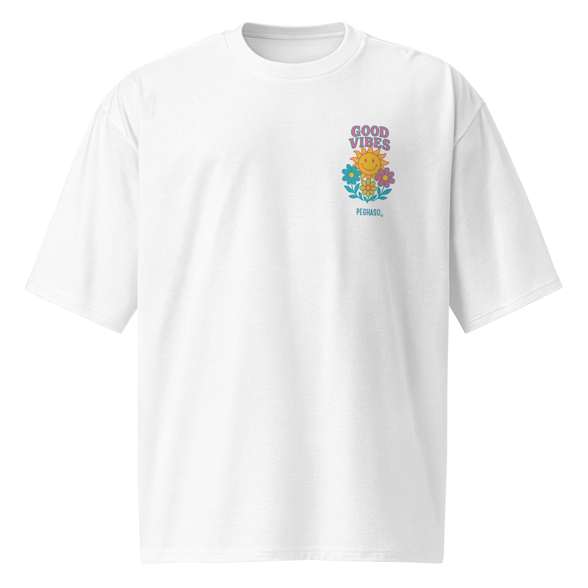 camiseta oversize unisex "Good Vibes" blanca con estampado de sol y flores