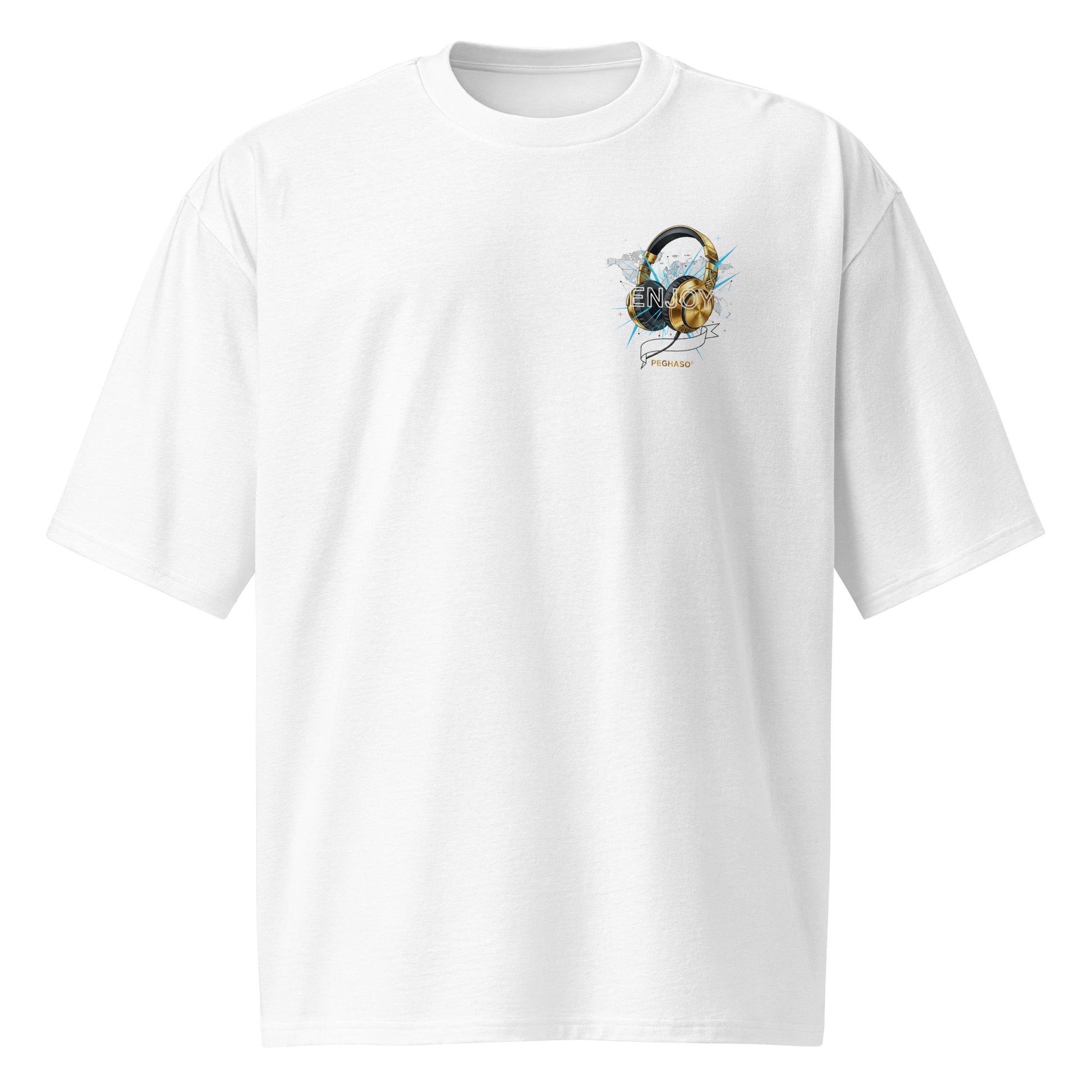 Camiseta oversize de lujo PEGHASO® "Enjoy Dj" en color blanco, con logo de auriculares dorados y la palabra "ENJOY" en el pecho.