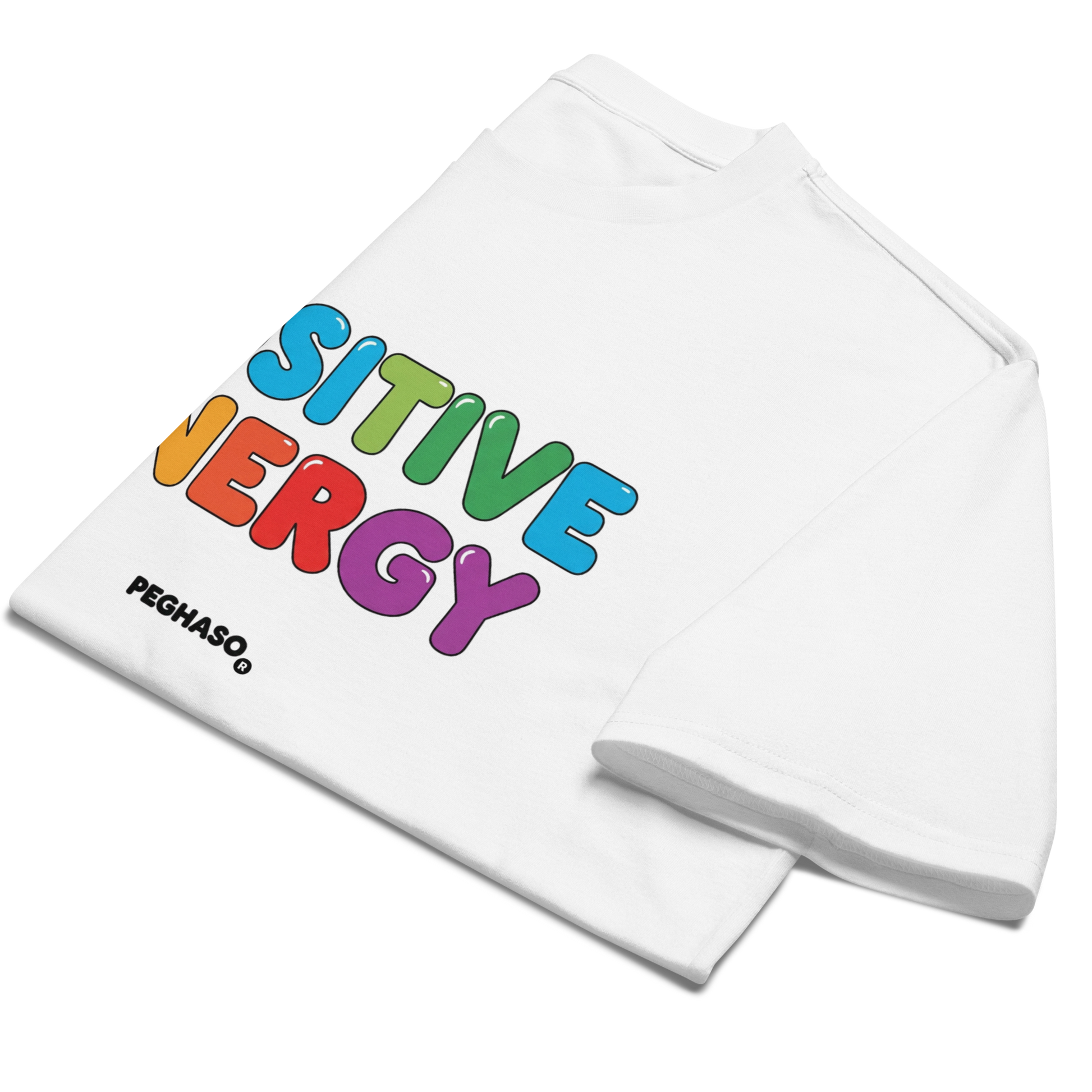 camiseta exclusiva estampado premium PEGHASO® POSITIVE ENERGY blanca oversize, estilo streetwear.