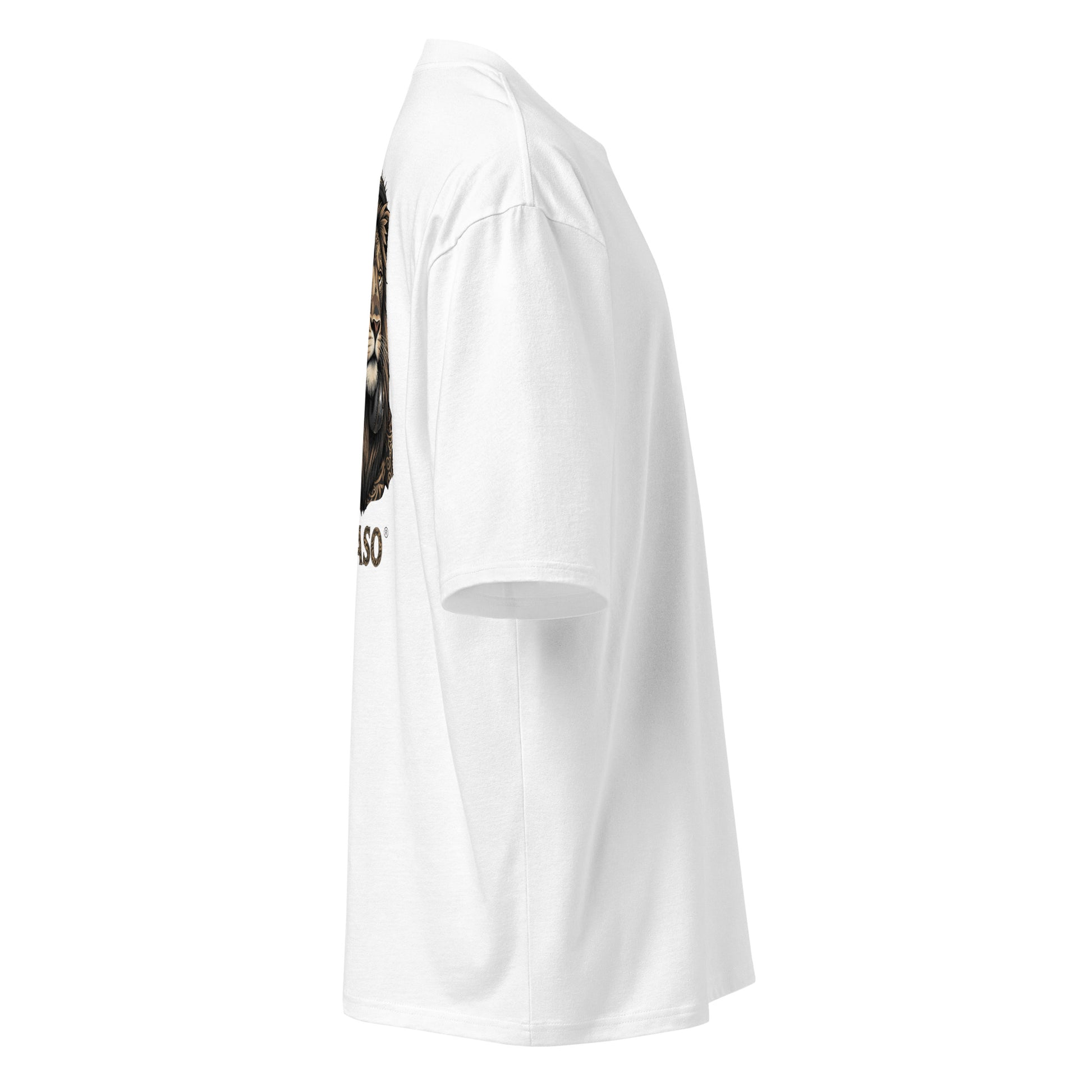 Camiseta oversize de lujo PEGHASO® "Lion's dj" color blanco, con logo de león con auriculares en el pecho y espalda.