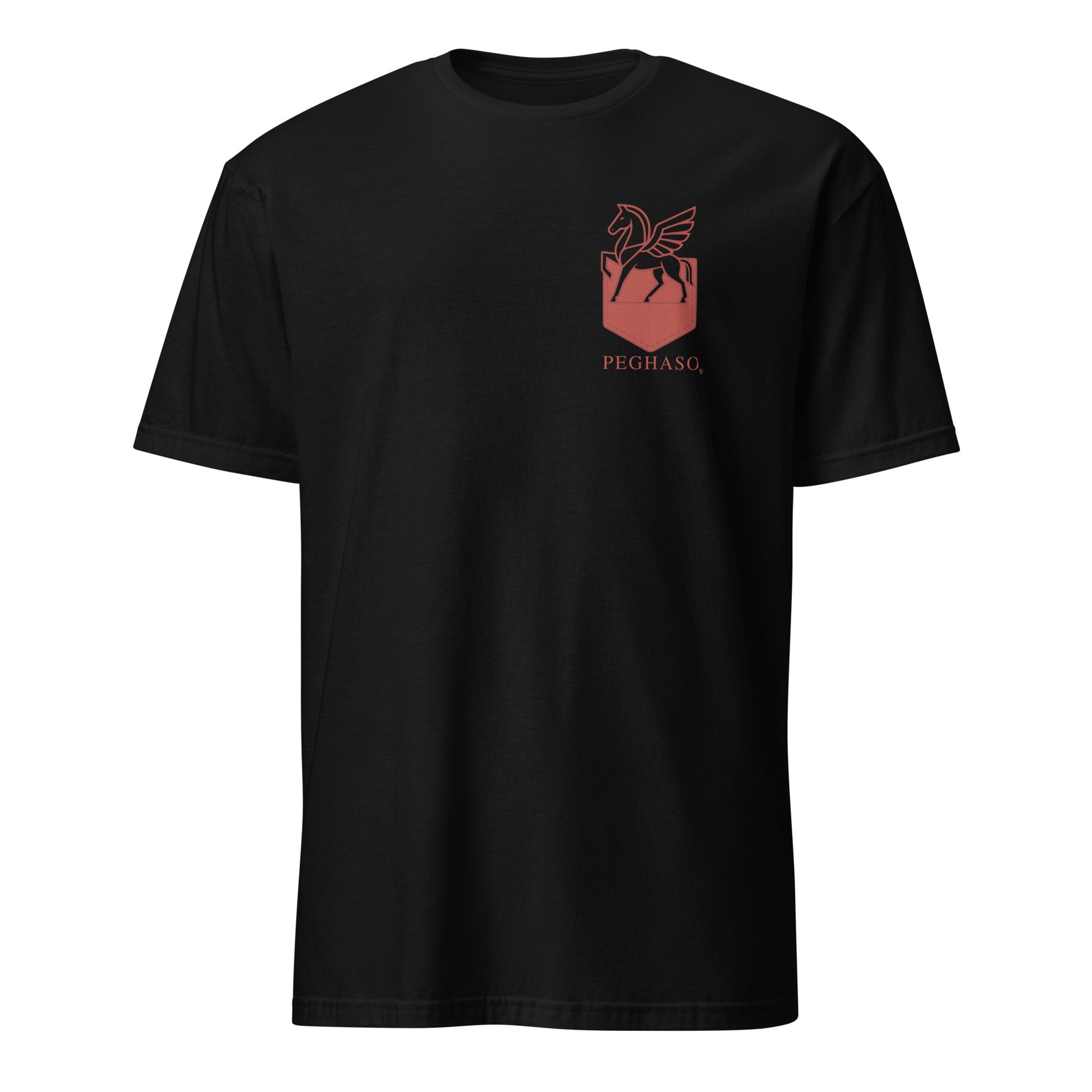 Modelo vistiendo camiseta PEGHASO® Legacy negra clásica de manga corta, estilo urbano.