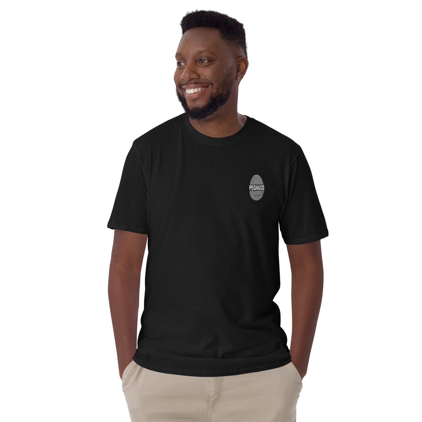 Camiseta unisex negra PEGHASO® HUELLA oversize de manga corta, con diseño de huella dactilar y logo, estilo streetwear.