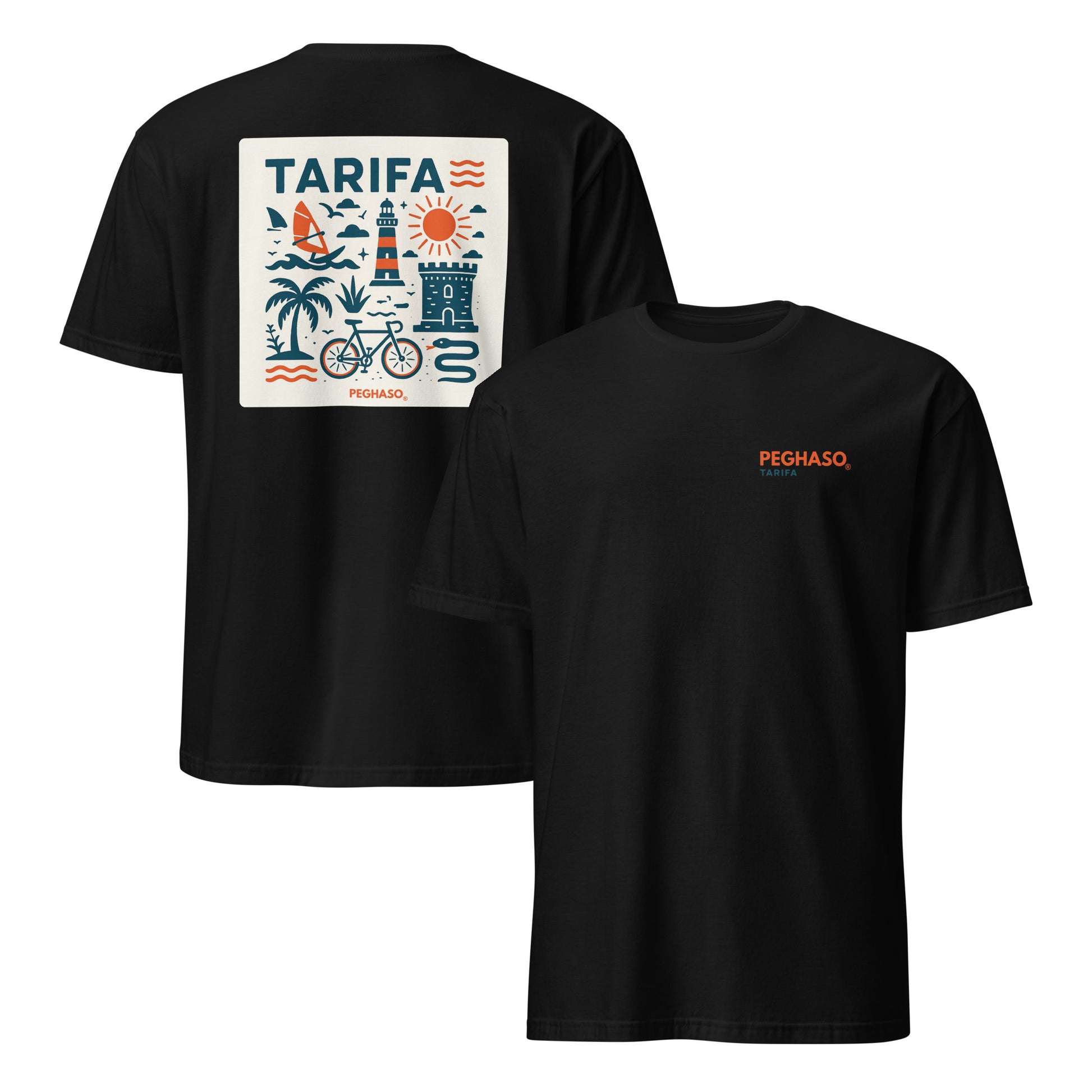 Camiseta unisex negra PEGHASO® TARIFA oversize de manga corta, con diseño trasero de olas y faro de Tarifa.
