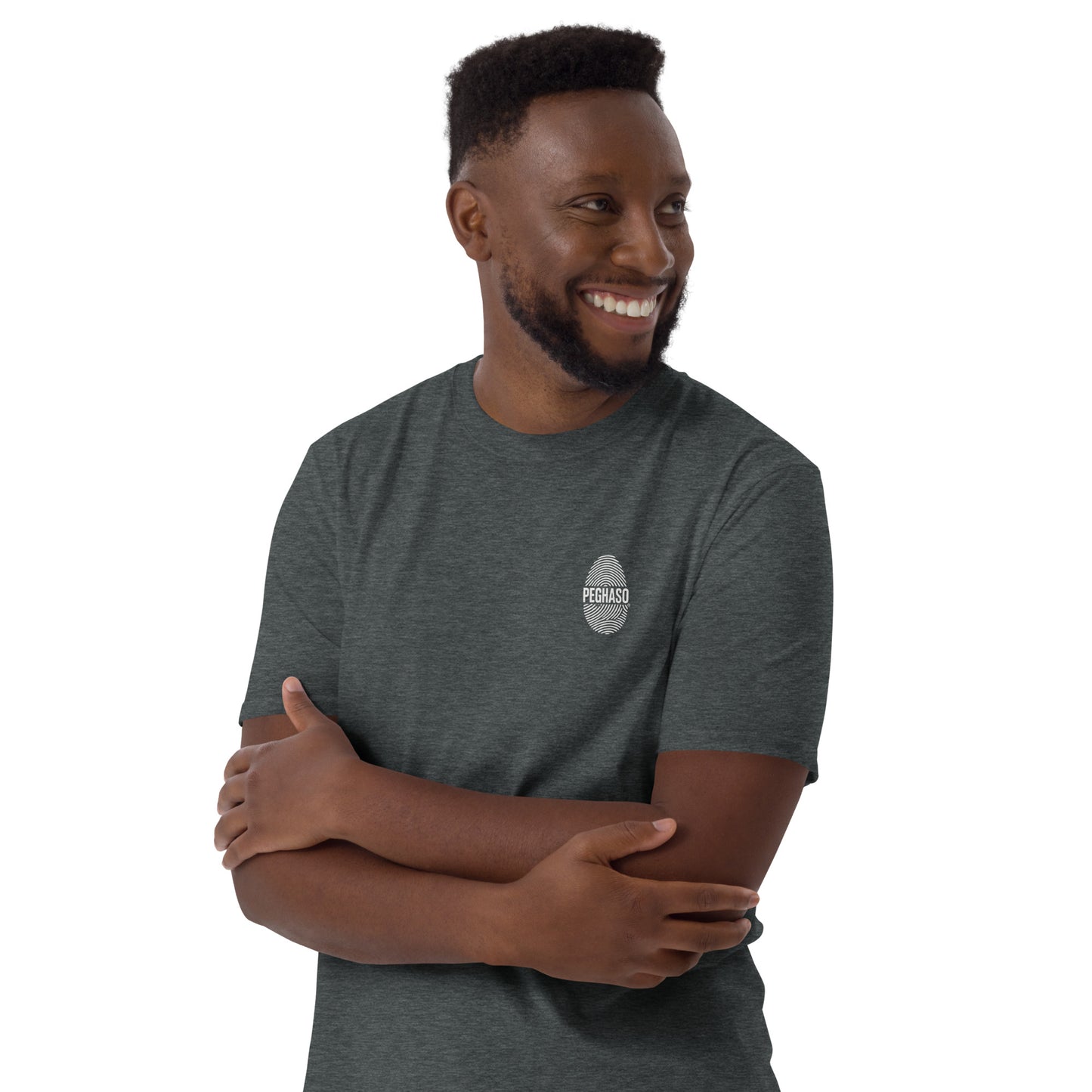 Camiseta hombre gris sport PEGHASO® HUELLA de manga corta, con diseño de huella dactilar y logo, estilo streetwear.