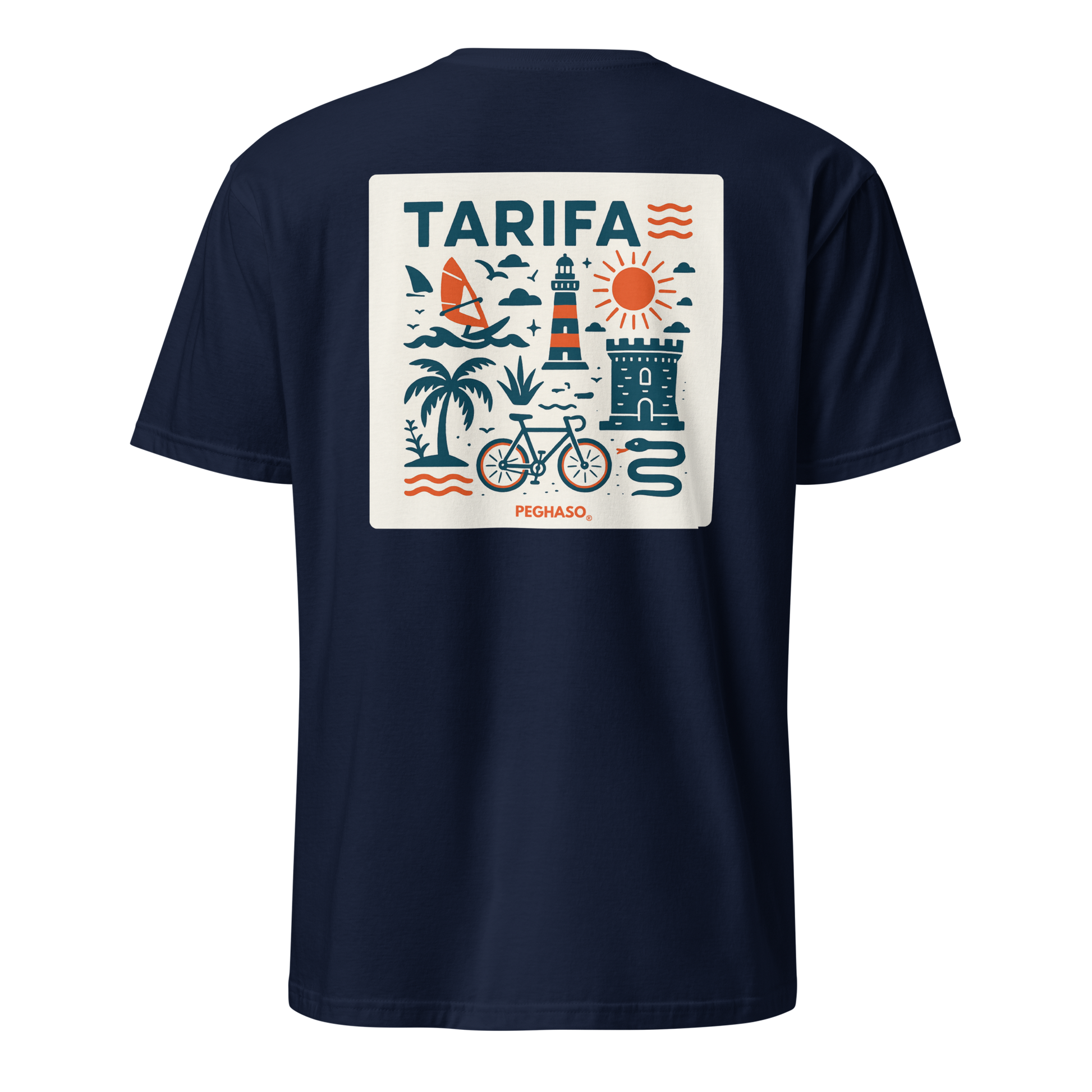 Camiseta unisex azul PEGHASO® TARIFA oversize de manga corta, con diseño trasero de olas y faro de Tarifa.