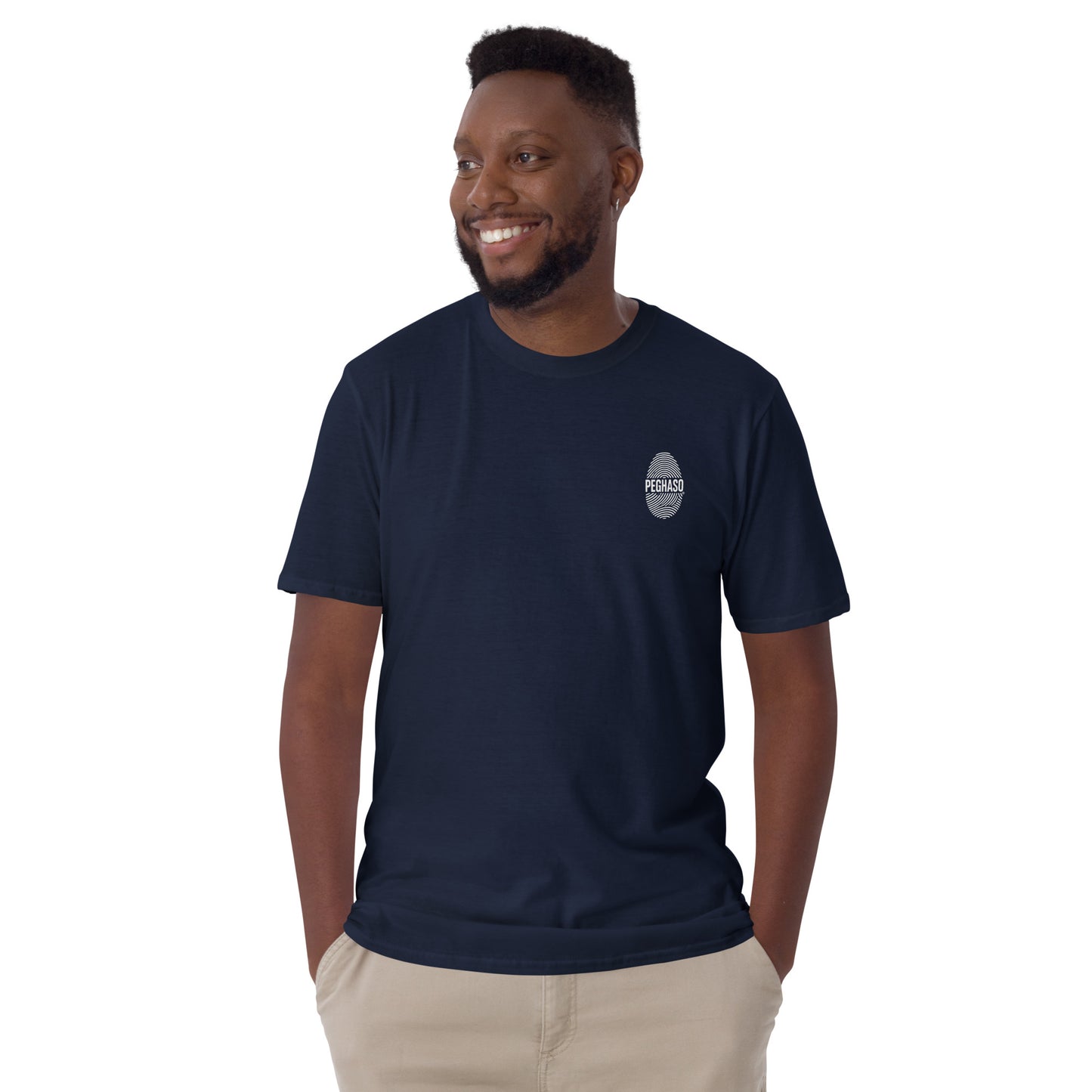 Camiseta hombre azul PEGHASO® HUELLA de manga corta, con diseño de huella dactilar y logo, estilo streetwear.