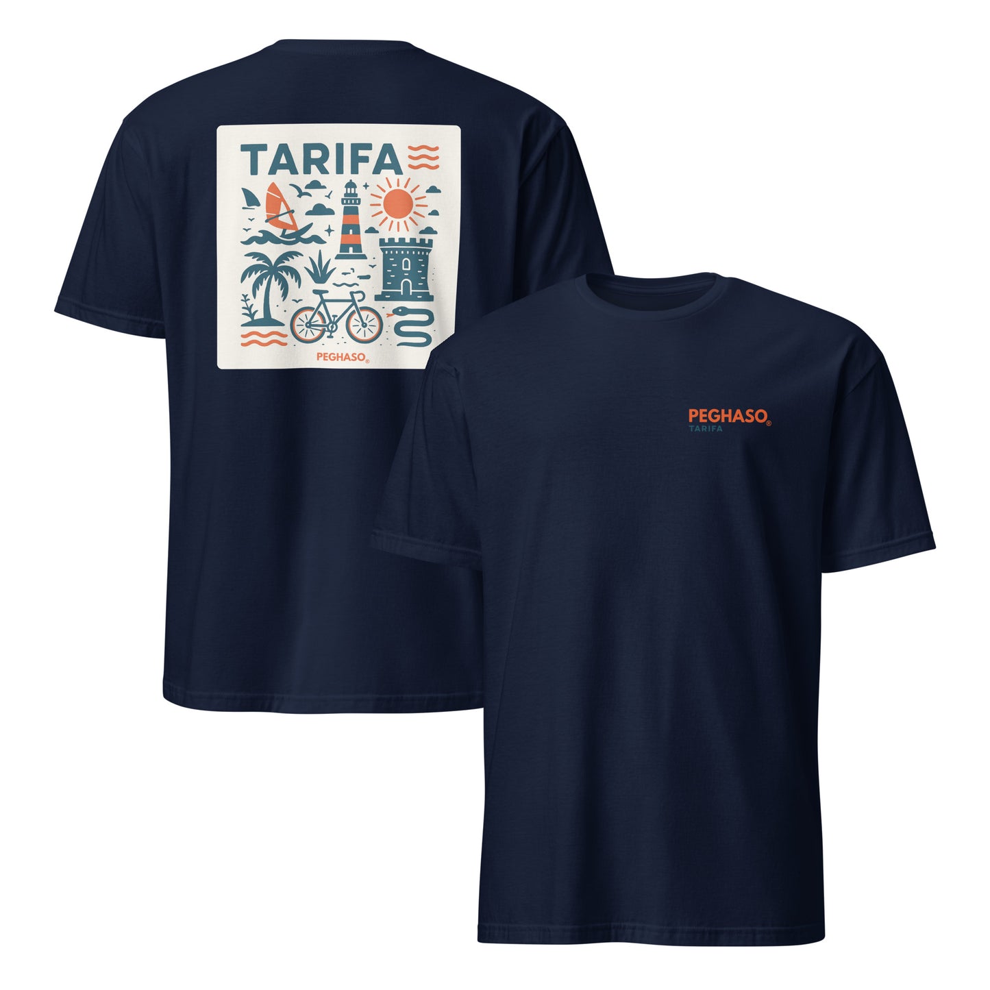 Camiseta unisex azul PEGHASO® TARIFA oversize de manga corta, con diseño trasero de olas y faro de Tarifa.