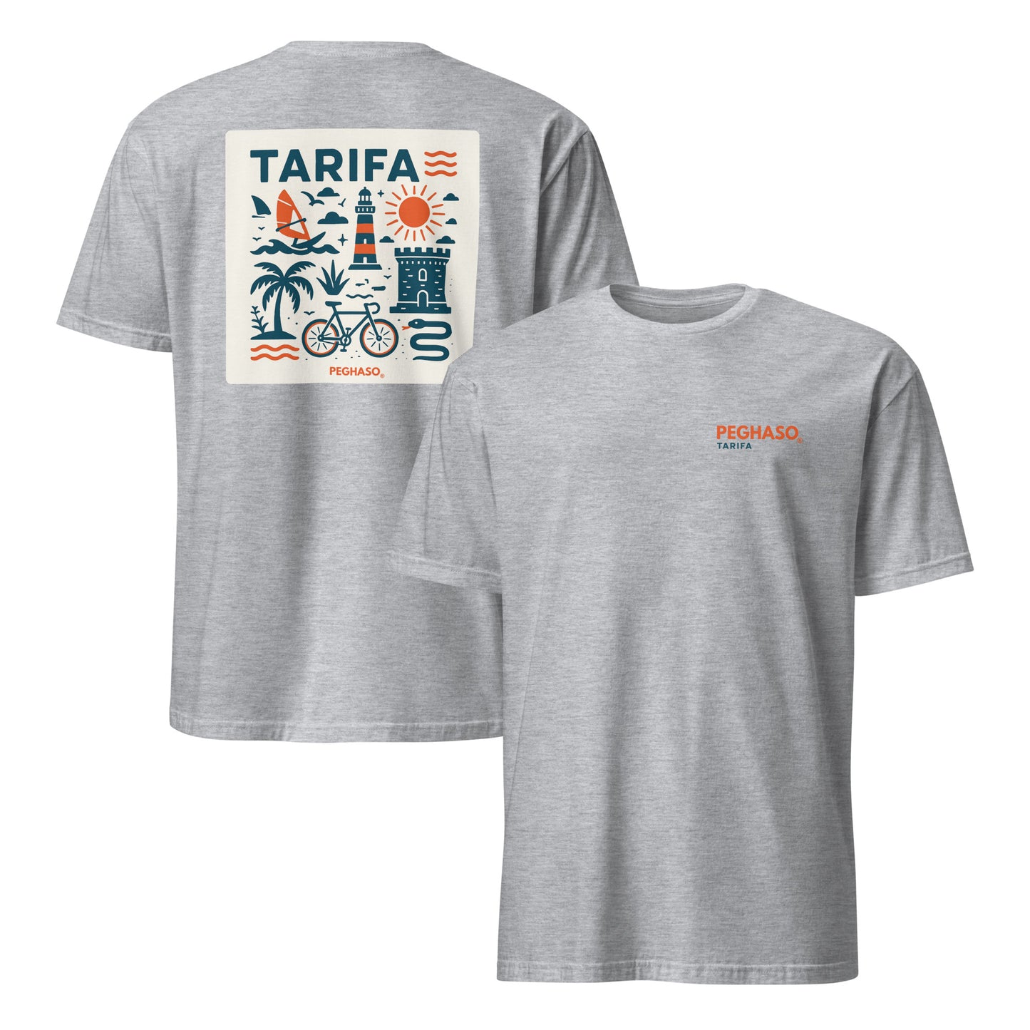 Camiseta unisex gris PEGHASO® TARIFA oversize de manga corta, con diseño trasero de olas y faro de Tarifa.