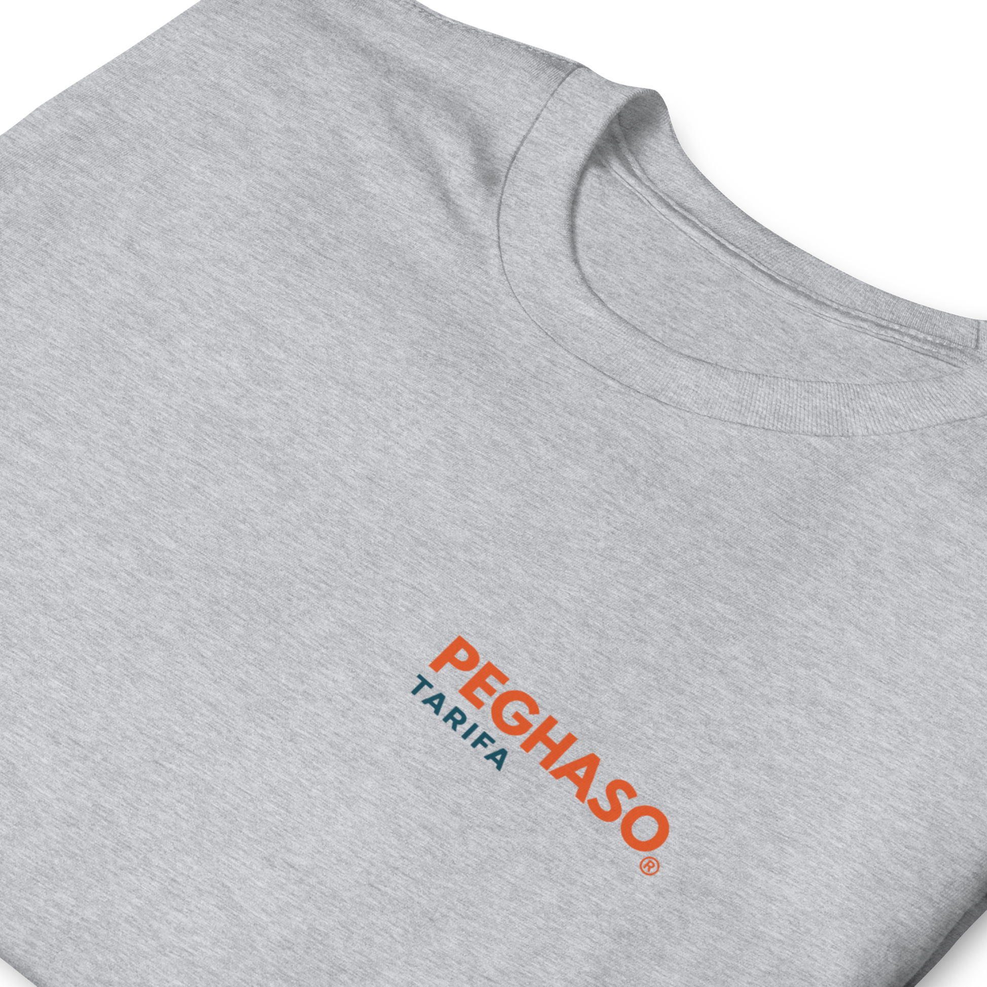 Camiseta unisex gris PEGHASO® TARIFA oversize de manga corta, con diseño trasero de olas y faro de Tarifa.