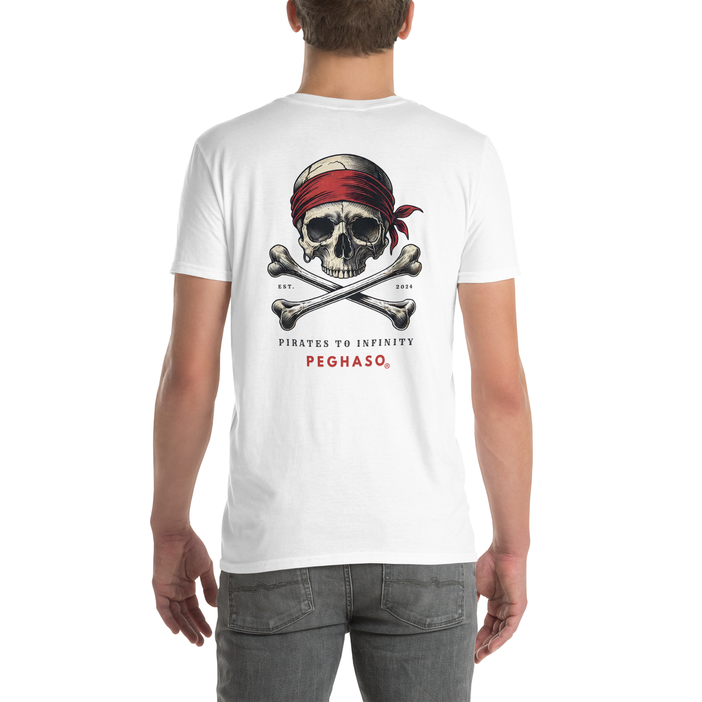 Espalda de camiseta hombre oversize PEGHASO® CARABELA blanca con logo de marca.