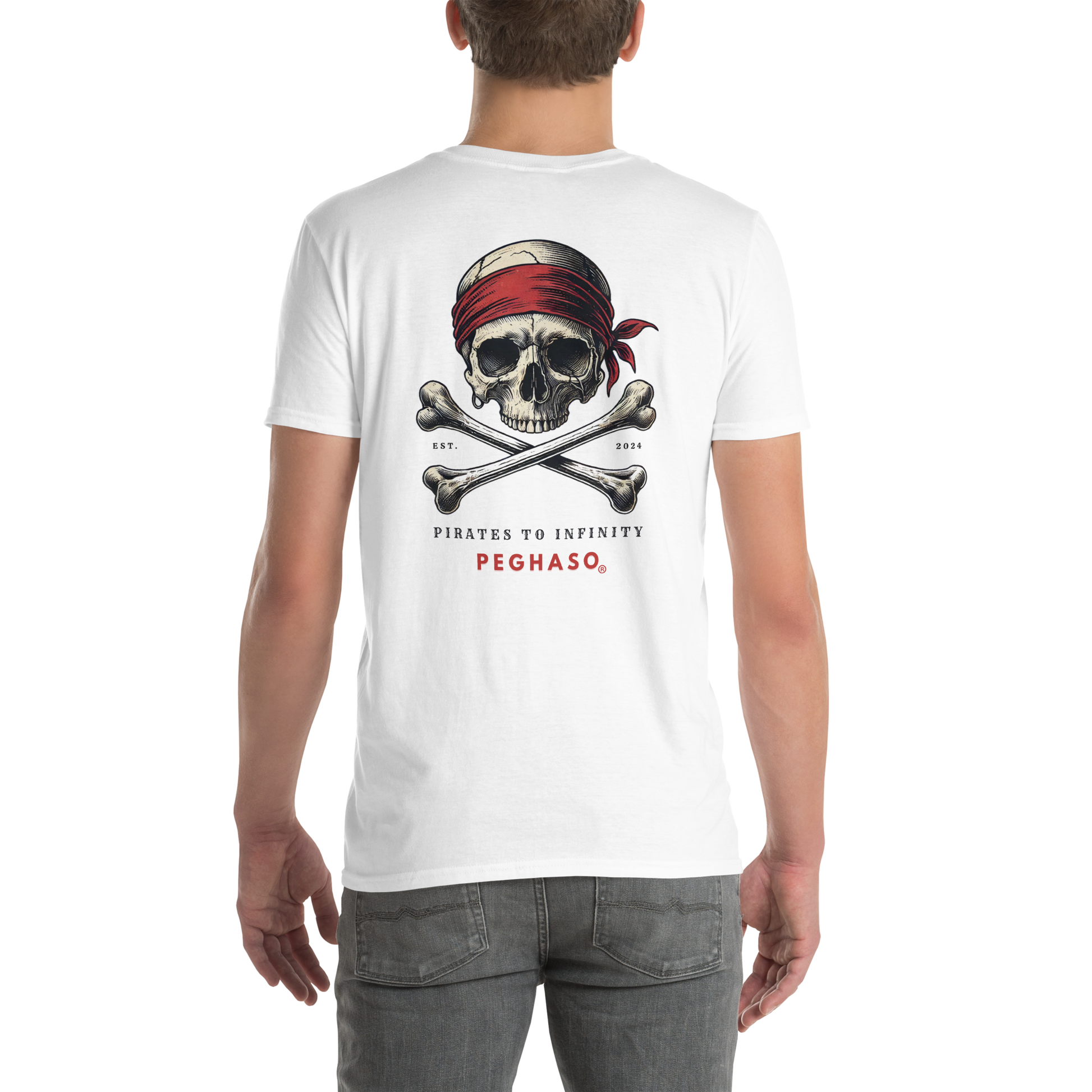 Espalda de camiseta hombre oversize PEGHASO® CARABELA blanca con logo de marca.