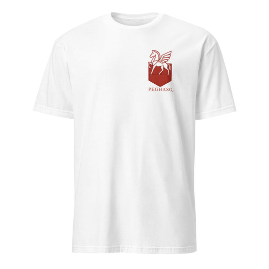 Camiseta PEGHASO® Legacy negra de manga corta para hombre con escudo rojo distintivo, estilo urbano y atemporal.