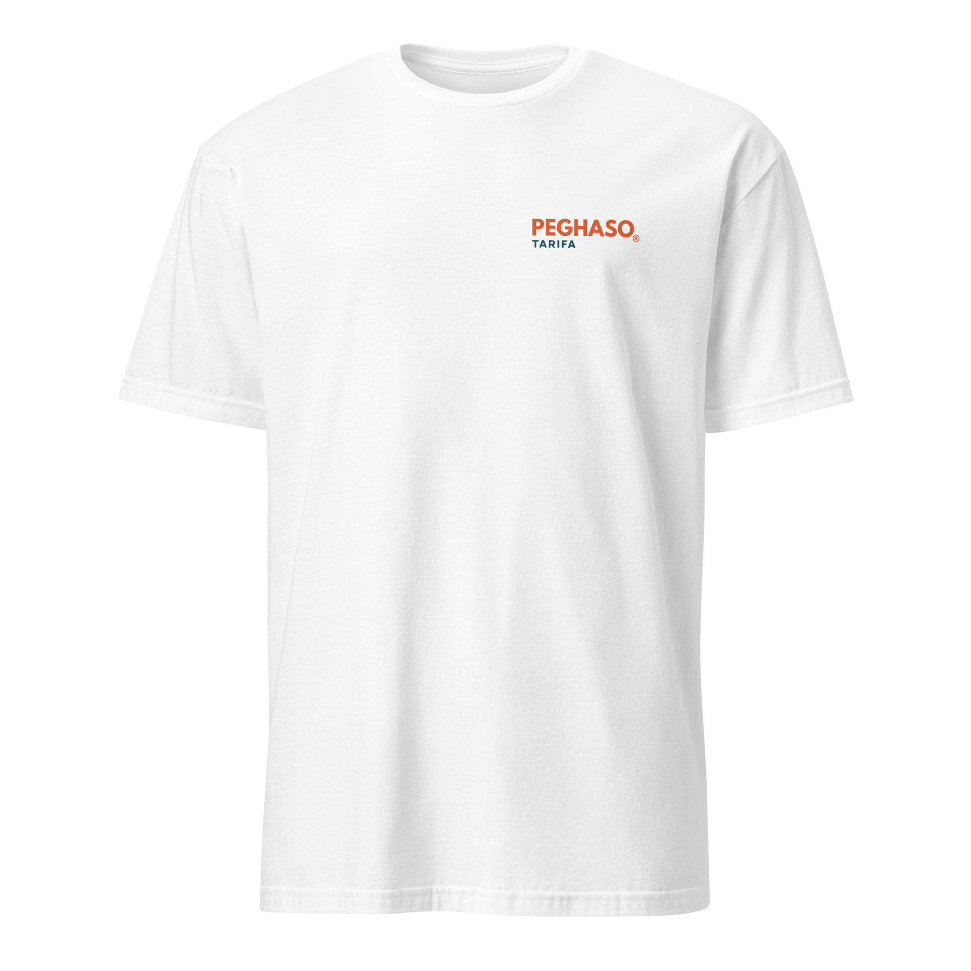 Camiseta unisex blanca PEGHASO® TARIFA oversize de manga corta, con diseño trasero de olas y faro de Tarifa, ideal para surfistas.