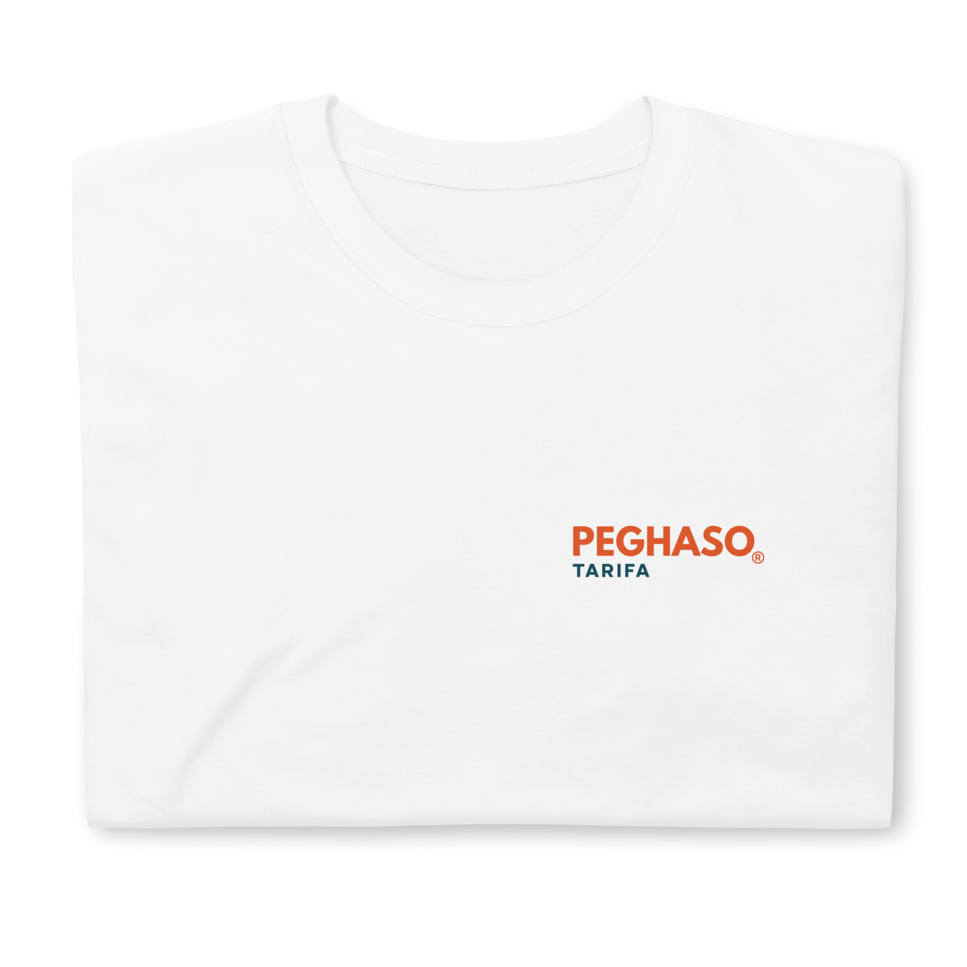 Camiseta unisex blanca PEGHASO® TARIFA oversize de manga corta, con diseño trasero de olas y faro de Tarifa, ideal para surfistas.