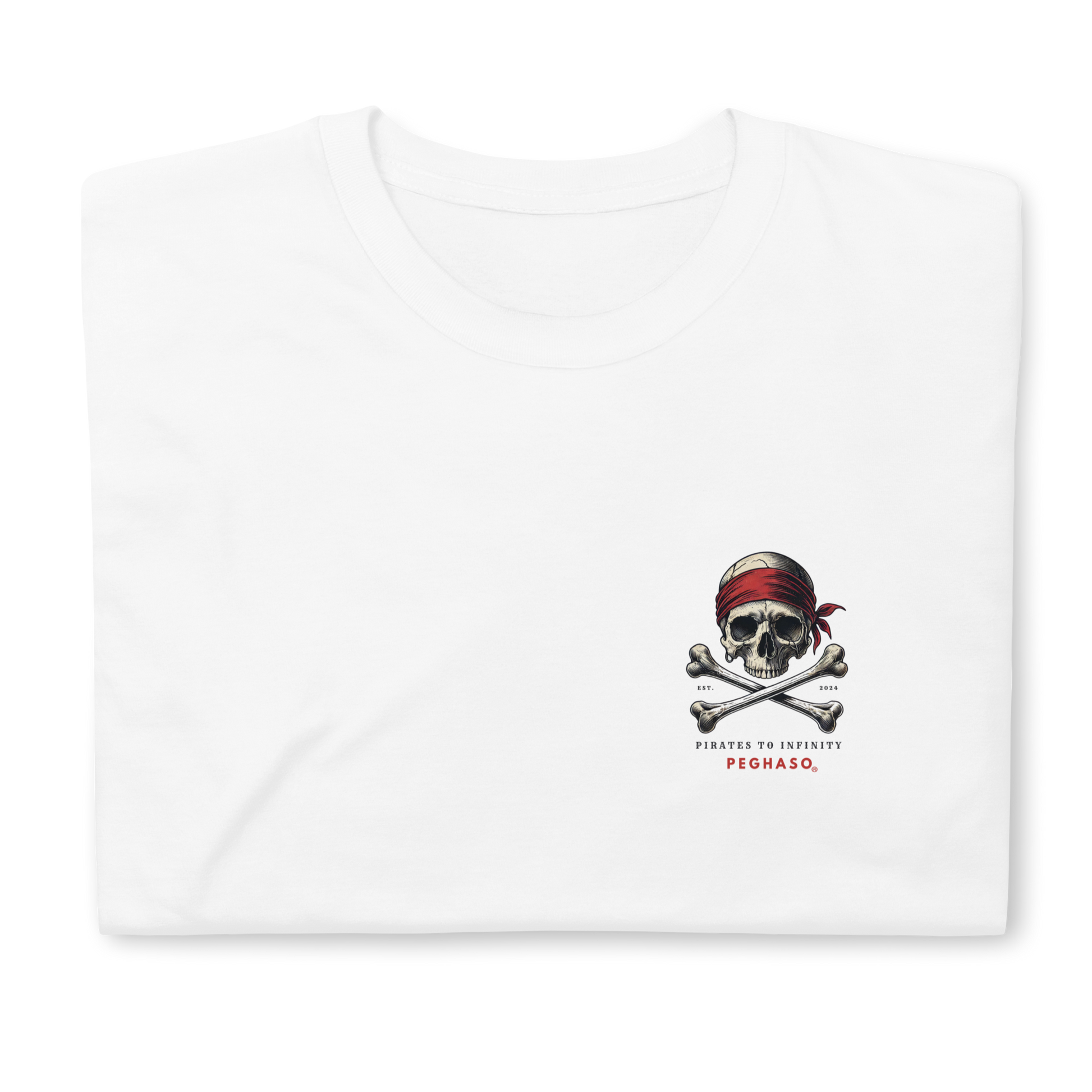 Camiseta PEGHASO® CARABELA oversize blanca para hombre con diseño de calavera pirata, algodón orgánico.