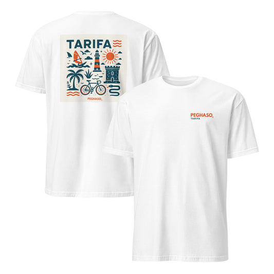 Camiseta unisex blanca PEGHASO® TARIFA oversize de manga corta, con diseño trasero de olas y faro de Tarifa, ideal para surfistas.