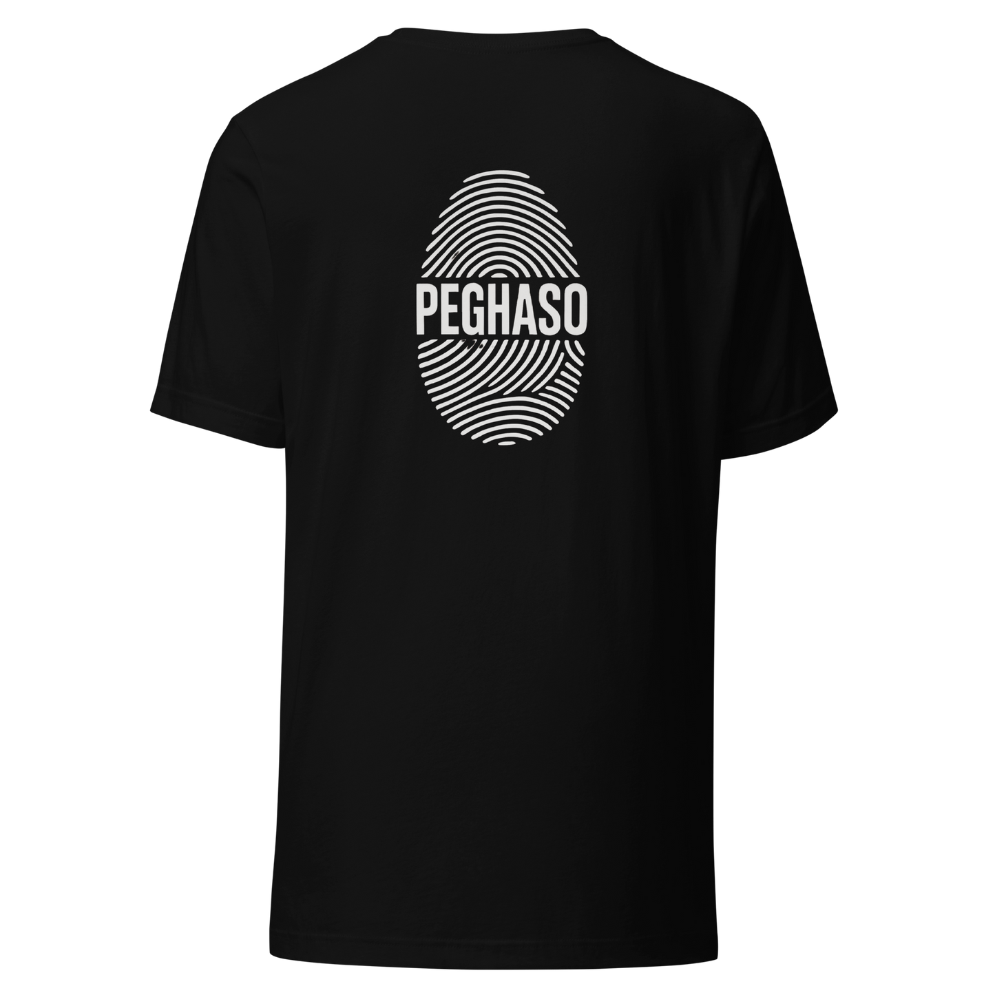 Camiseta mujer negra PEGHASO® HUELLA de manga corta, con diseño de huella dactilar y logo, estilo streetwear.