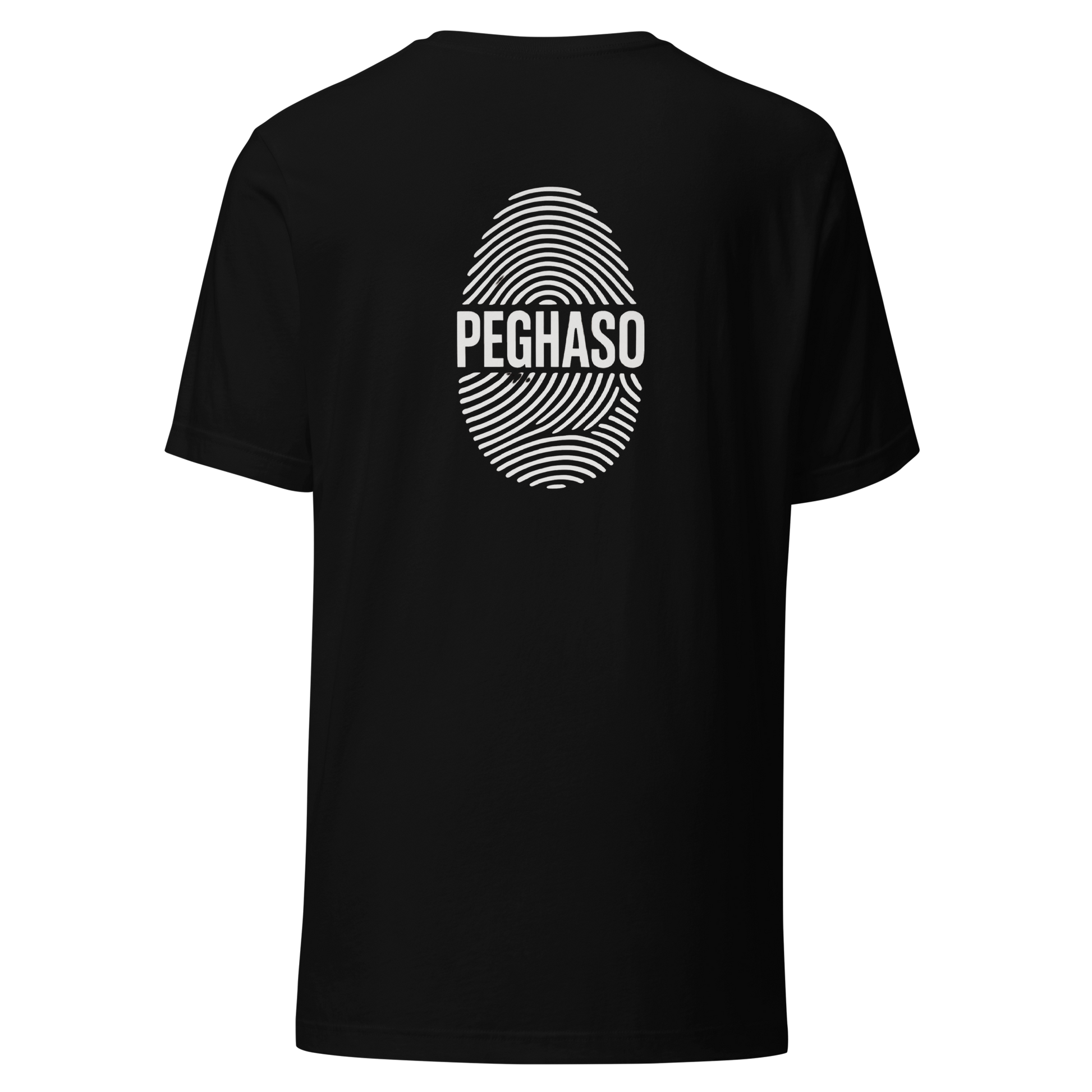 Camiseta mujer negra PEGHASO® HUELLA  de manga corta, con diseño de huella dactilar y logo, estilo streetwear.