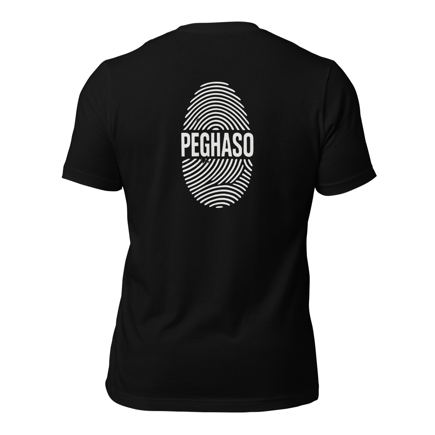 Camiseta hombre negra PEGHASO® HUELLA de manga corta, con diseño de huella dactilar y logo, estilo streetwear.