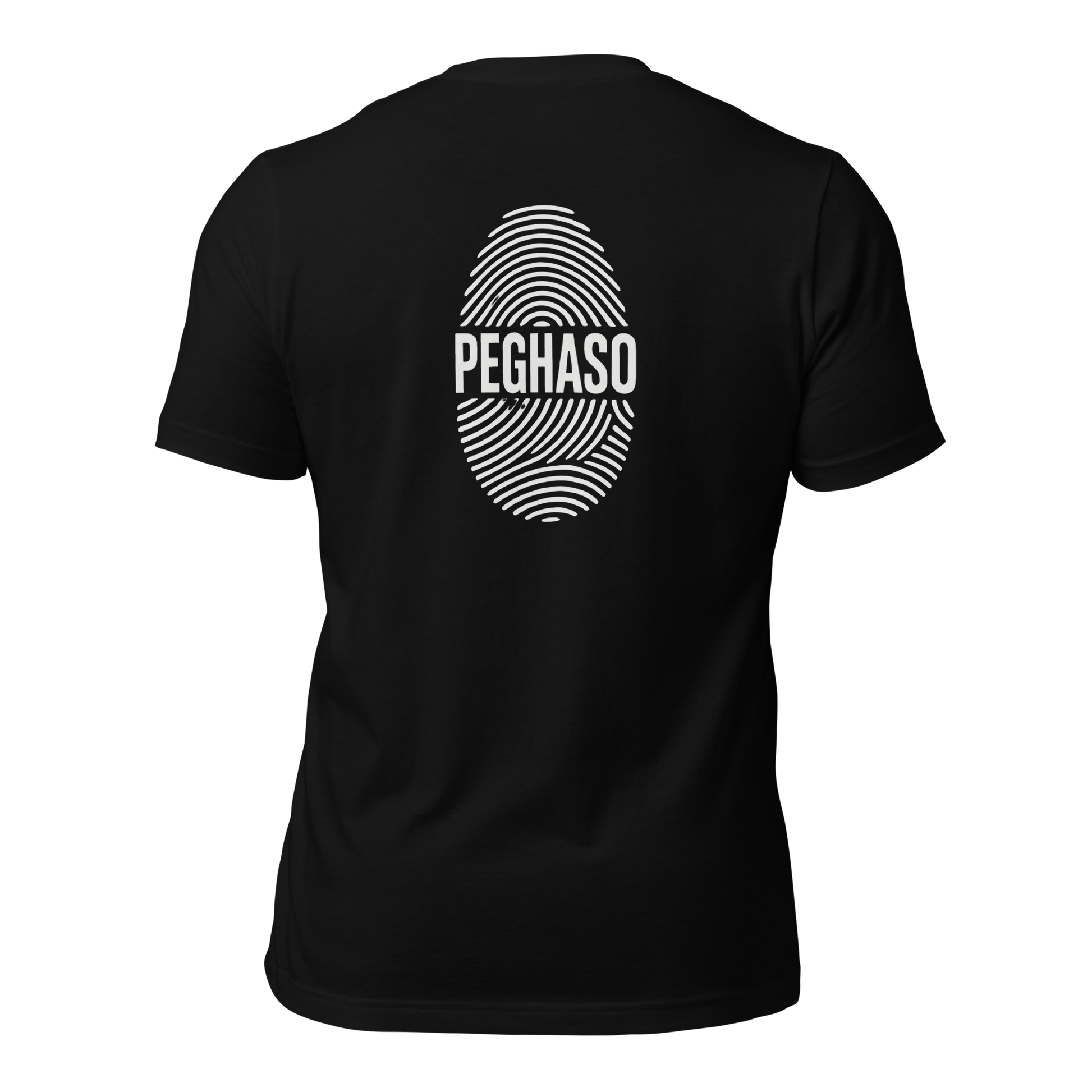 Camiseta hombre negra PEGHASO® HUELLA  de manga corta, con diseño de huella dactilar y logo, estilo streetwear.