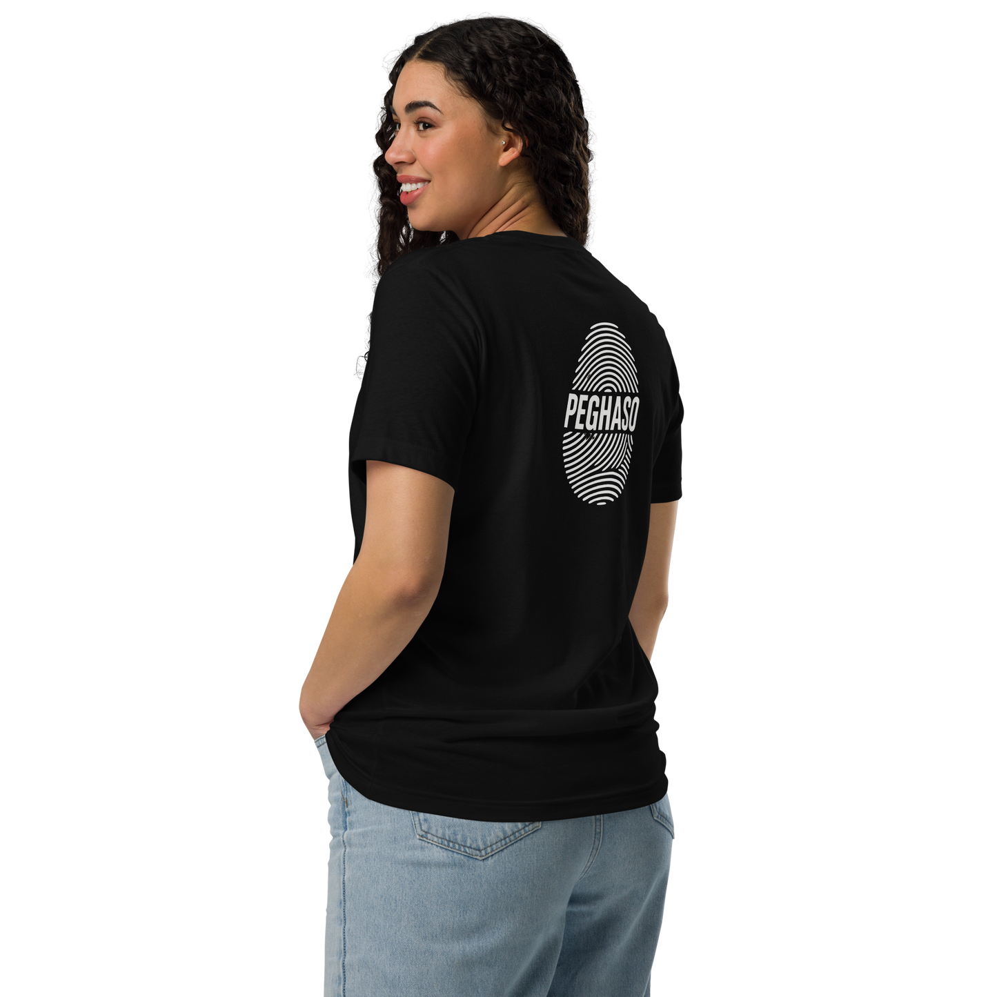 Camiseta negra espalda diseño exclusivo mujer PEGHASO® HUELLA de manga corta, con diseño de huella dactilar y logo, estilo streetwear.