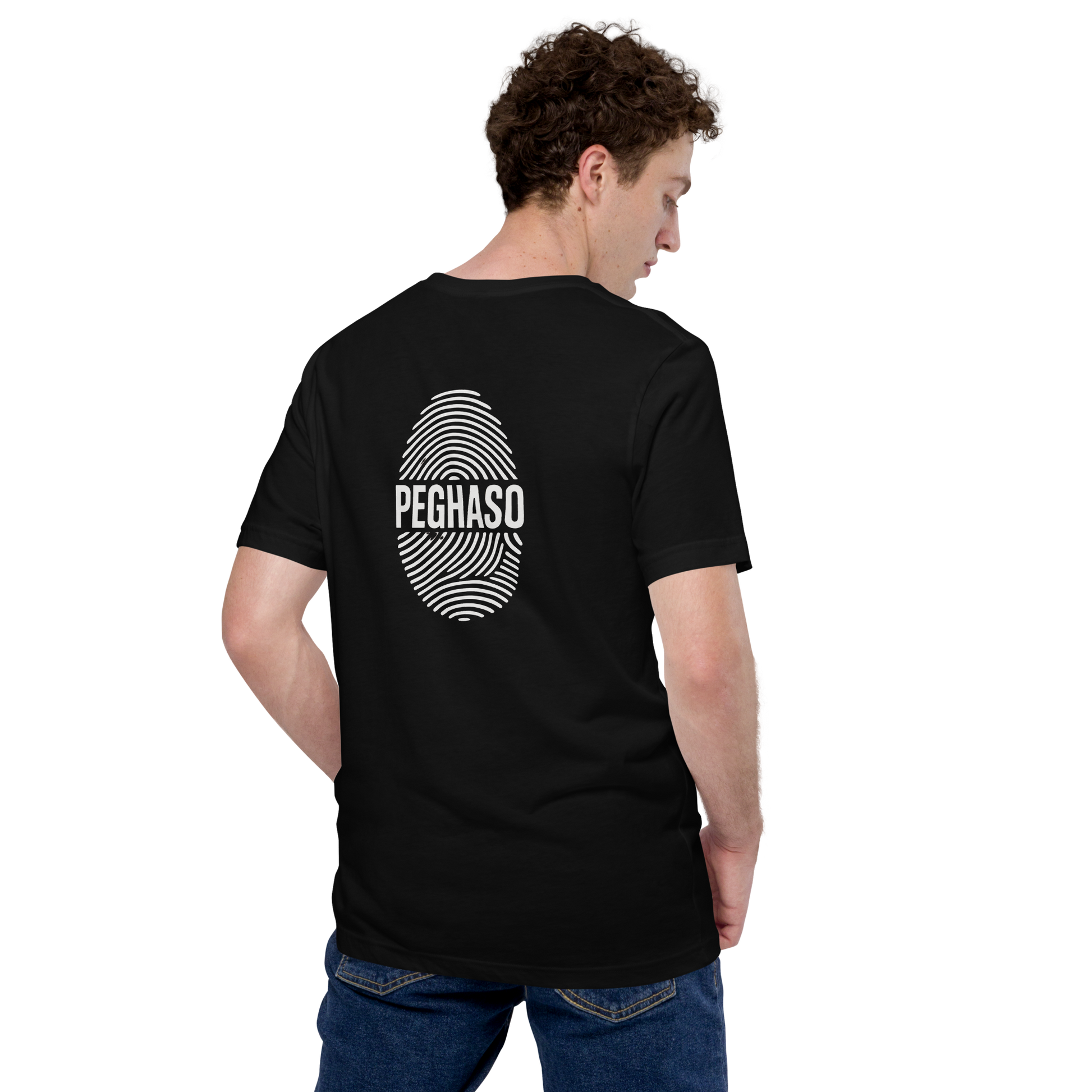 Camiseta hombre negra PEGHASO® HUELLA  de manga corta, con diseño de huella dactilar y logo, estilo streetwear.