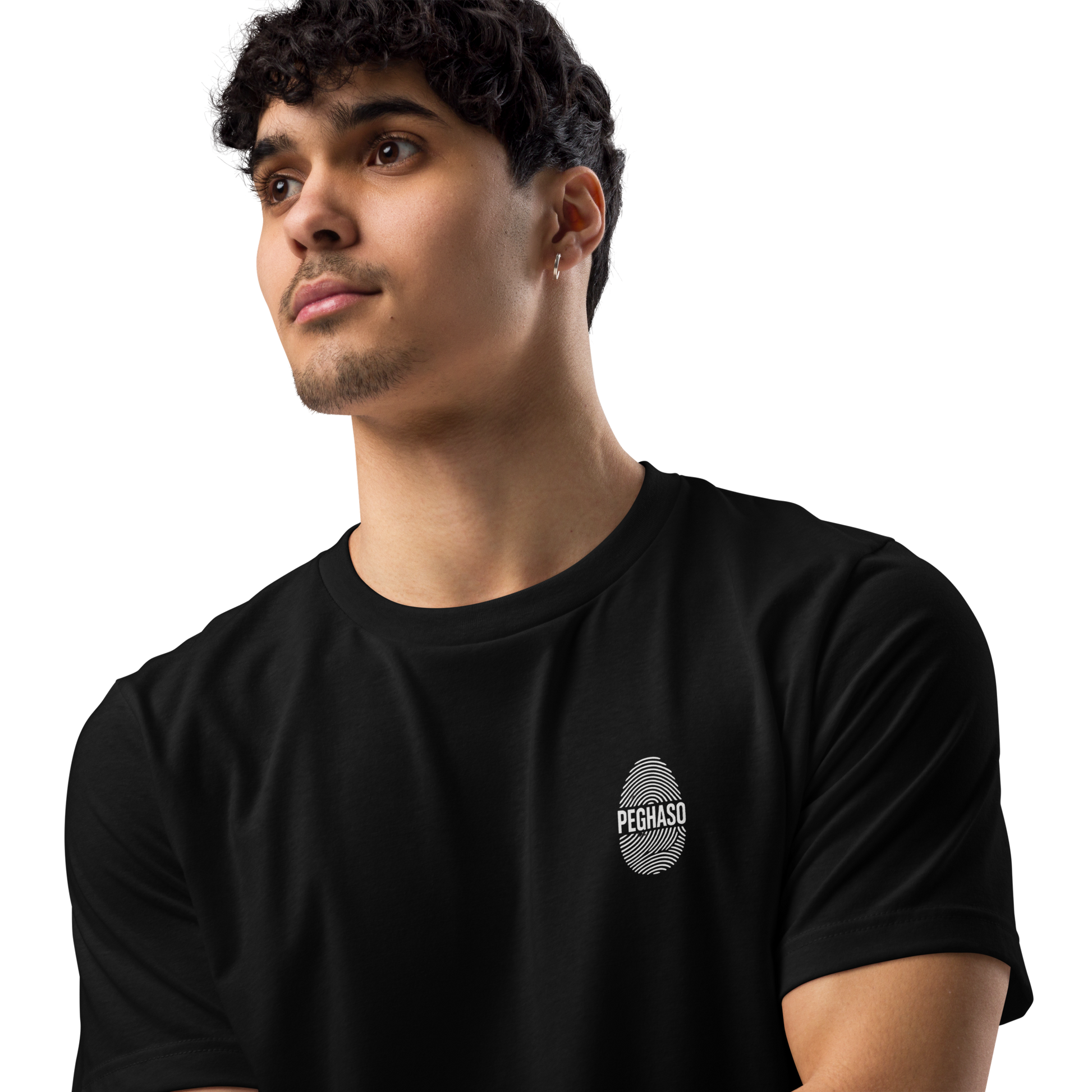 Camiseta hombre negra PEGHASO® HUELLA  de manga corta, con diseño de huella dactilar y logo, estilo streetwear.