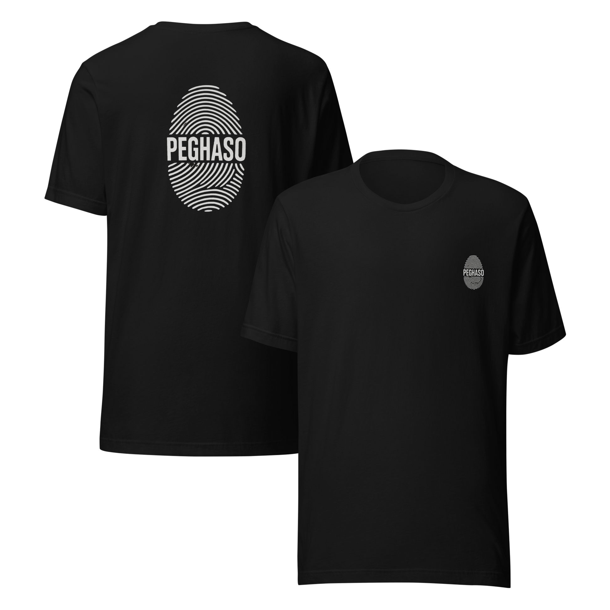 Camiseta unisex negra PEGHASO® HUELLA oversize de manga corta, con diseño de huella dactilar y logo, estilo streetwear.