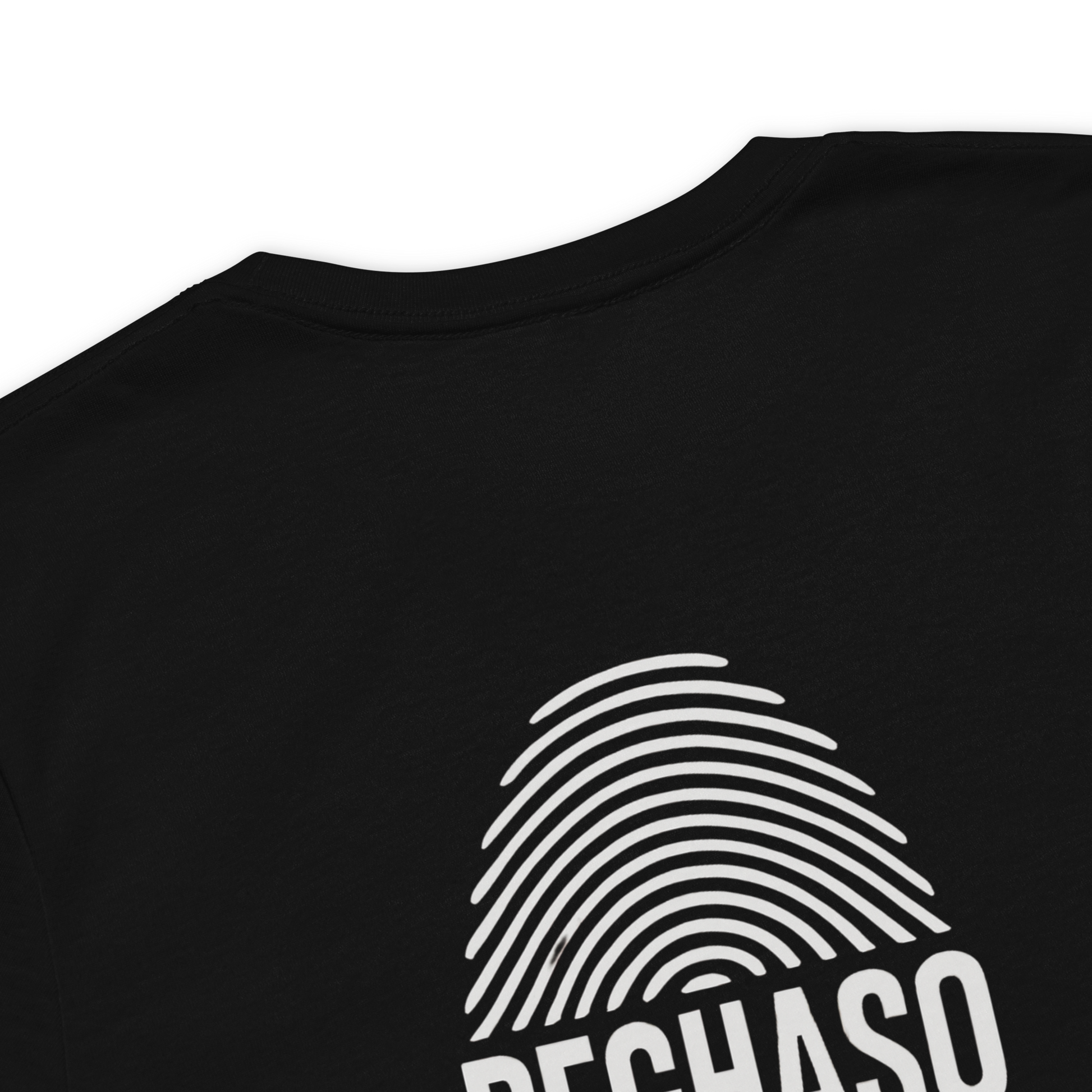 Camiseta unisex negra PEGHASO® HUELLA oversize de manga corta, con diseño de huella dactilar y logo, estilo streetwear.