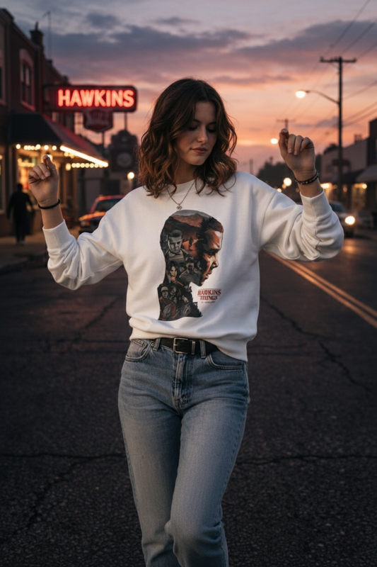 Prenda sudadera blanca premium 011 Once Eleven Stranger things de la colección Hawkins Things by PEGHASO.