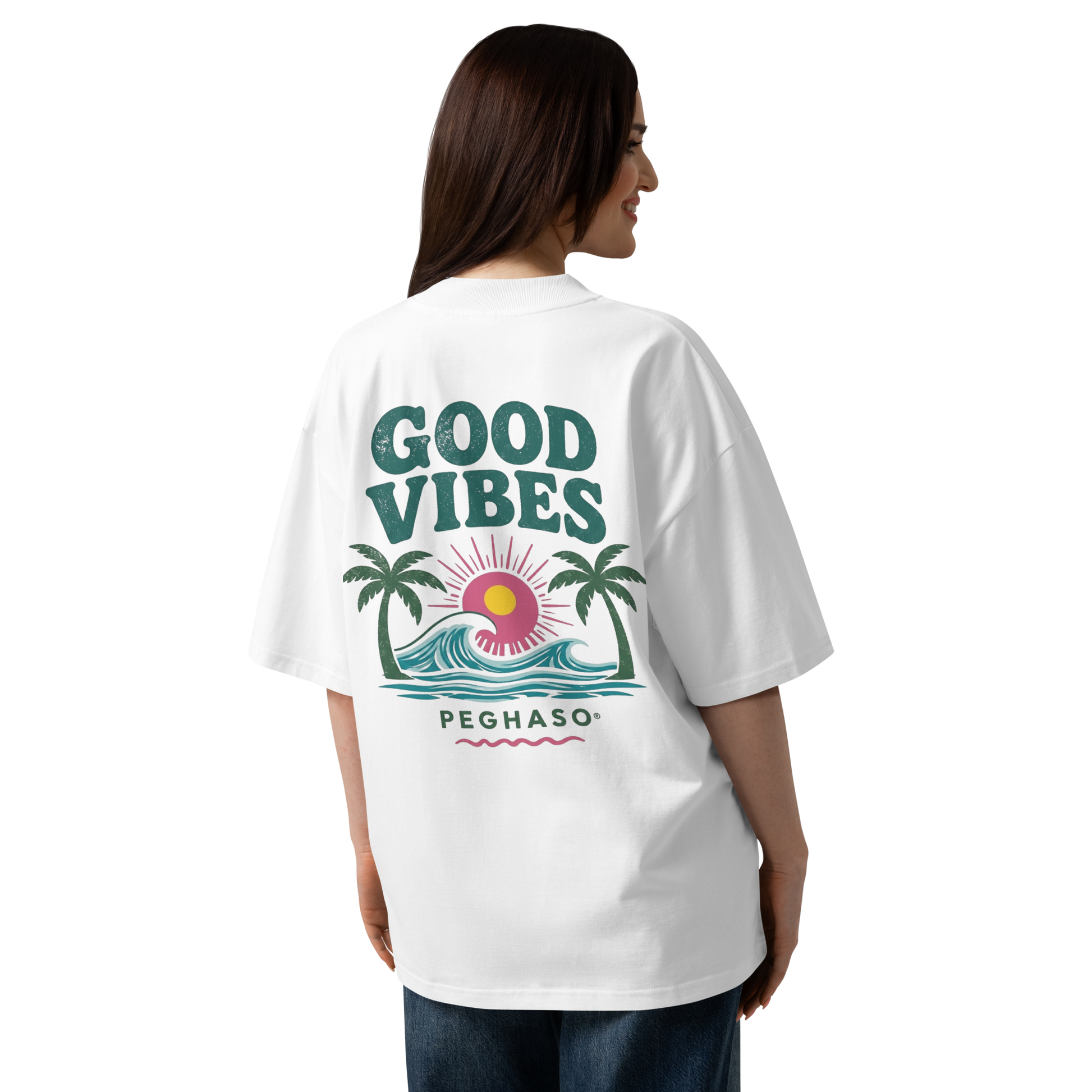 Camiseta oversize verano unisex con diseño Good Vibes tropical