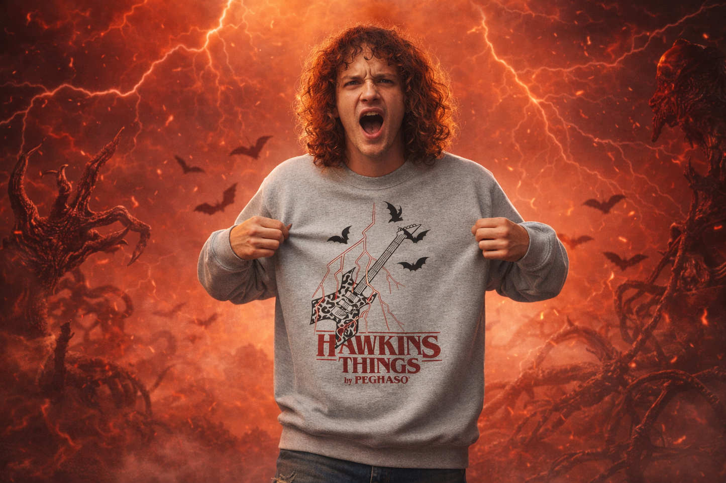 Sudadera Eddie Hellfire Guitar - Hawkins Things by PEGHASO | Estilo Retro 80s