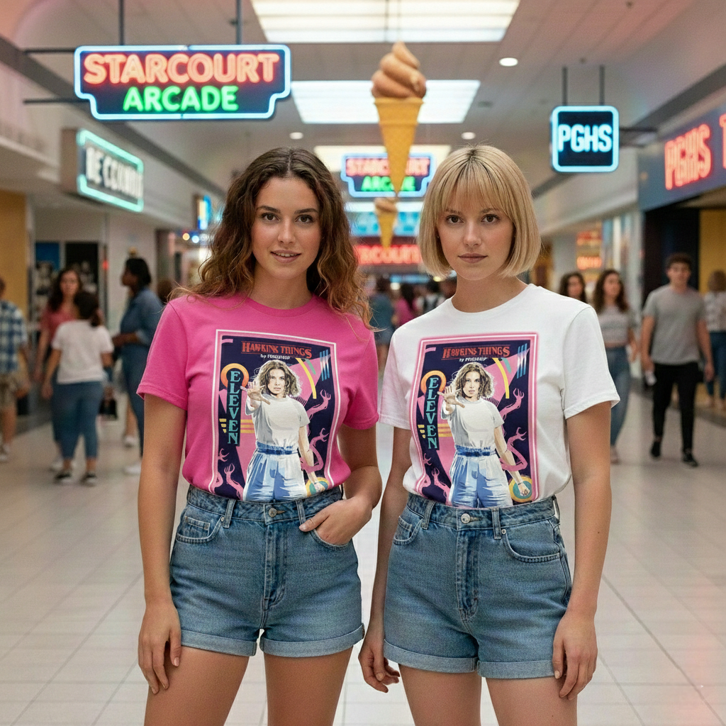 Camiseta blanca Eleven Starcourt Mall de la colección Hawkins Things PEGHASO. Ropa STRANGER THINGS