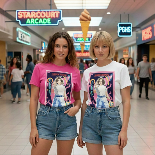 Camiseta blanca Eleven Starcourt Mall de la colección Hawkins Things PEGHASO. Ropa STRANGER THINGS