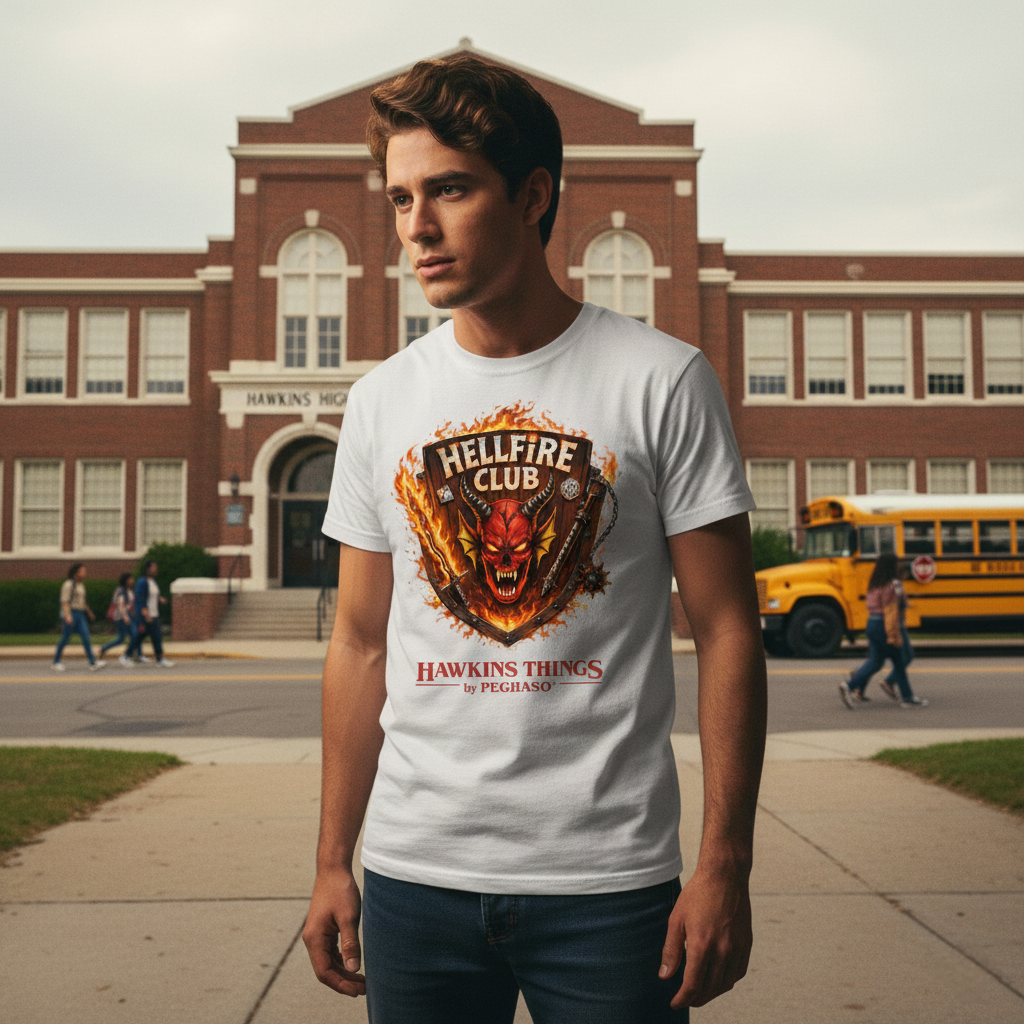Camiseta blanca premium Hellfire Club de la colección Hawkins Things by PEGHASO. Camiseta stranger things.