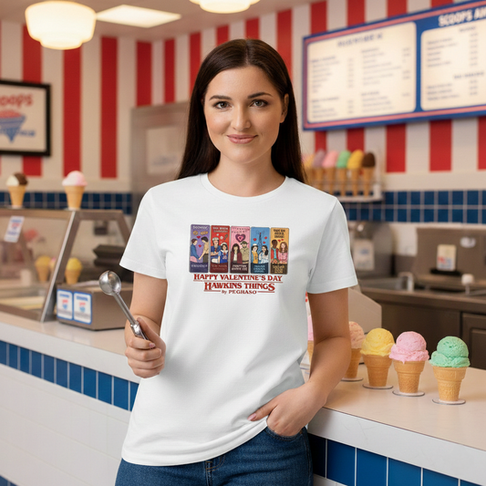 Modelo luciendo la camiseta exclusiva de San Valentín PEGHASO inspirada en Stranger Things.