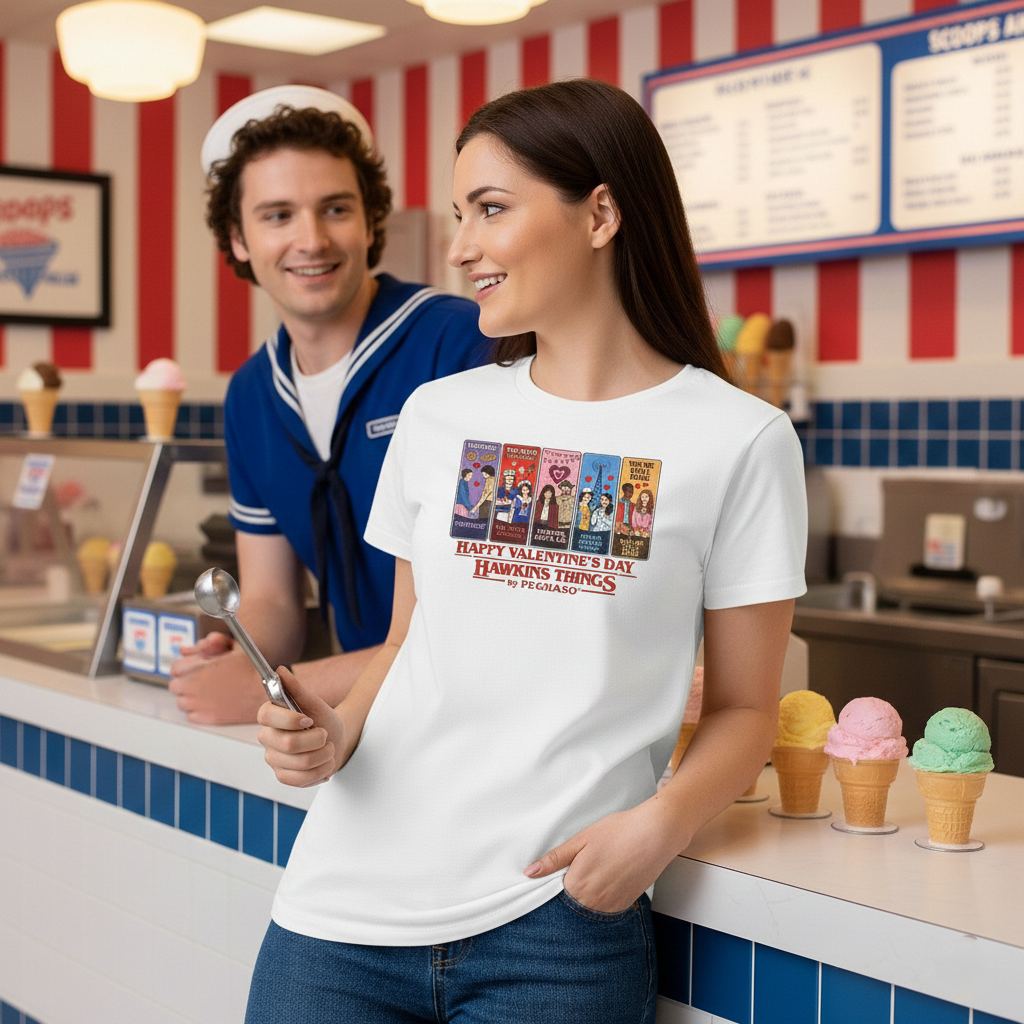 Modelo luciendo la camiseta exclusiva de San Valentín PEGHASO inspirada en Stranger Things.