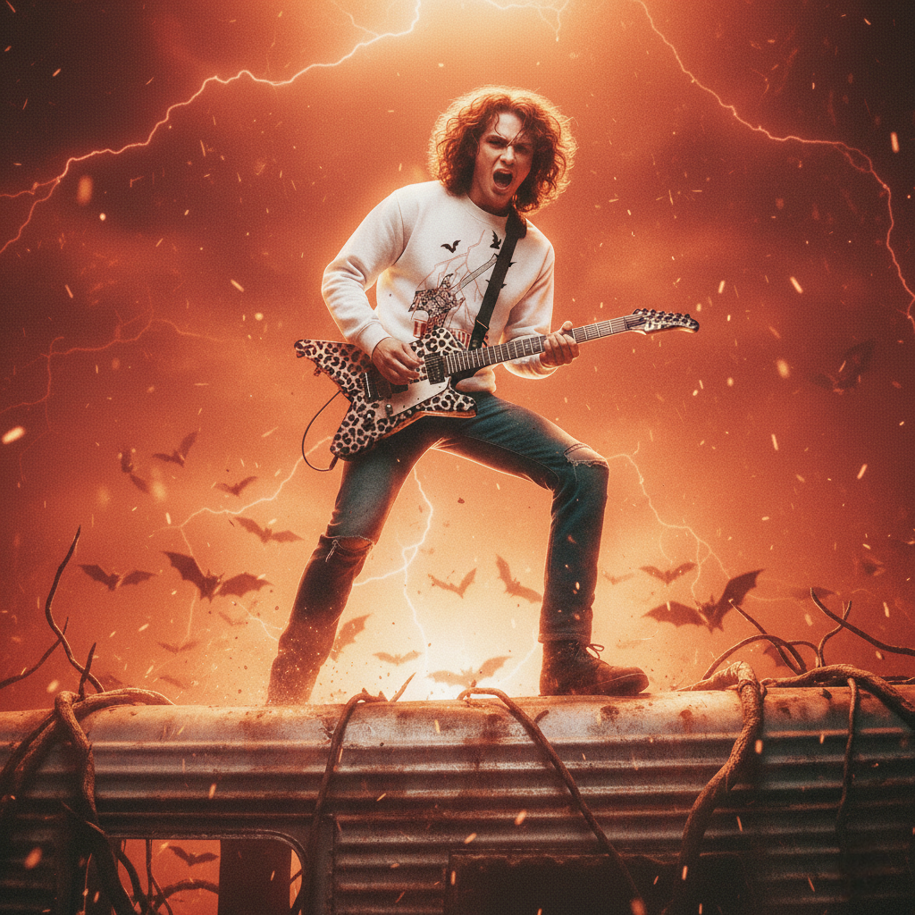 Sudadera blanca con diseño de guitarra de Eddie Munson y rayos, colección Hawkins Things de PEGHASO. Sudadera Eddie Munson de Stranger things