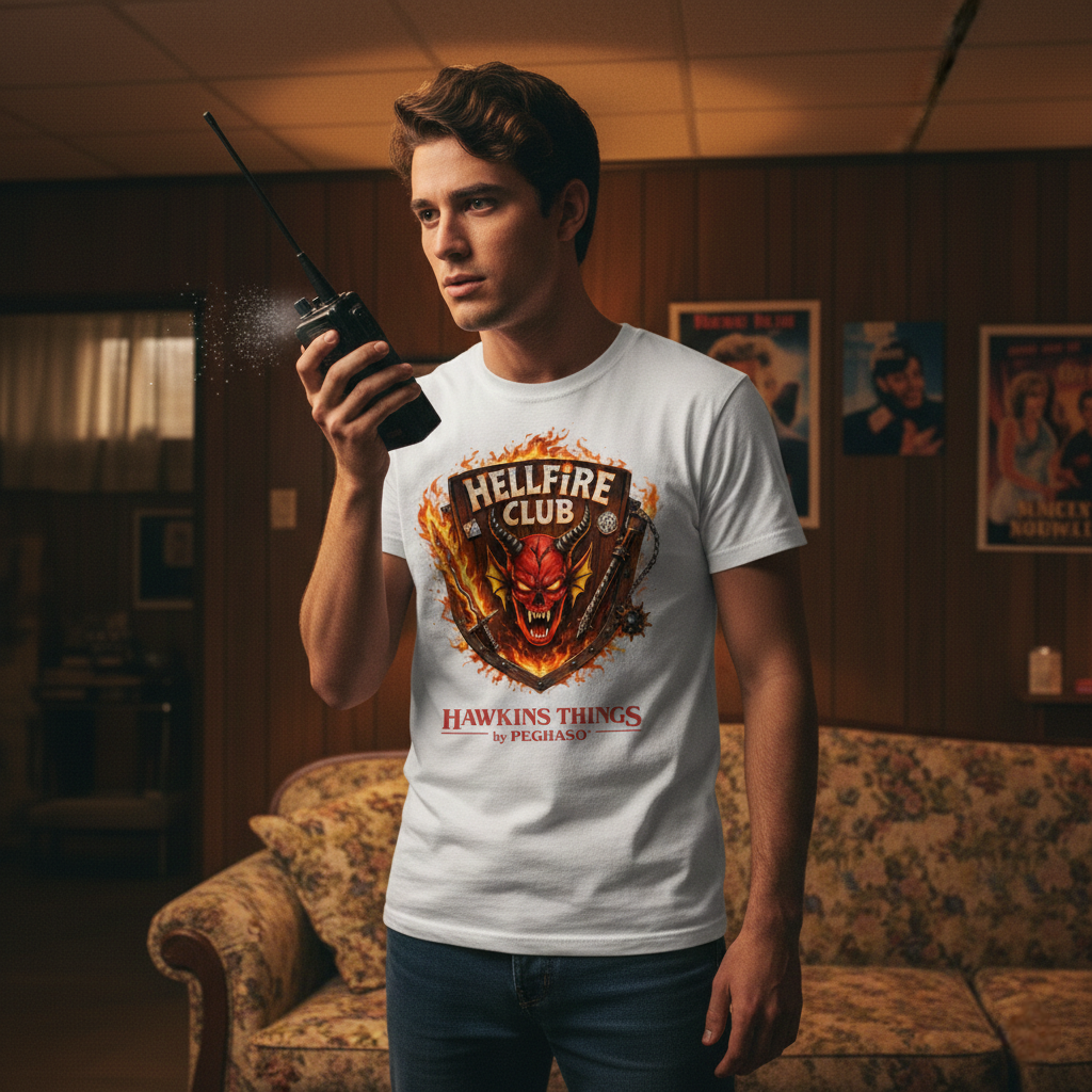 Camiseta blanca premium Hellfire Club de la colección Hawkins Things by PEGHASO.