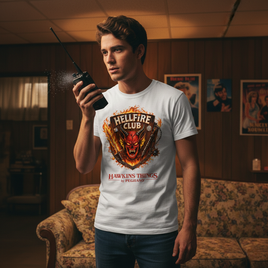Camiseta blanca premium Hellfire Club de la colección Hawkins Things by PEGHASO.